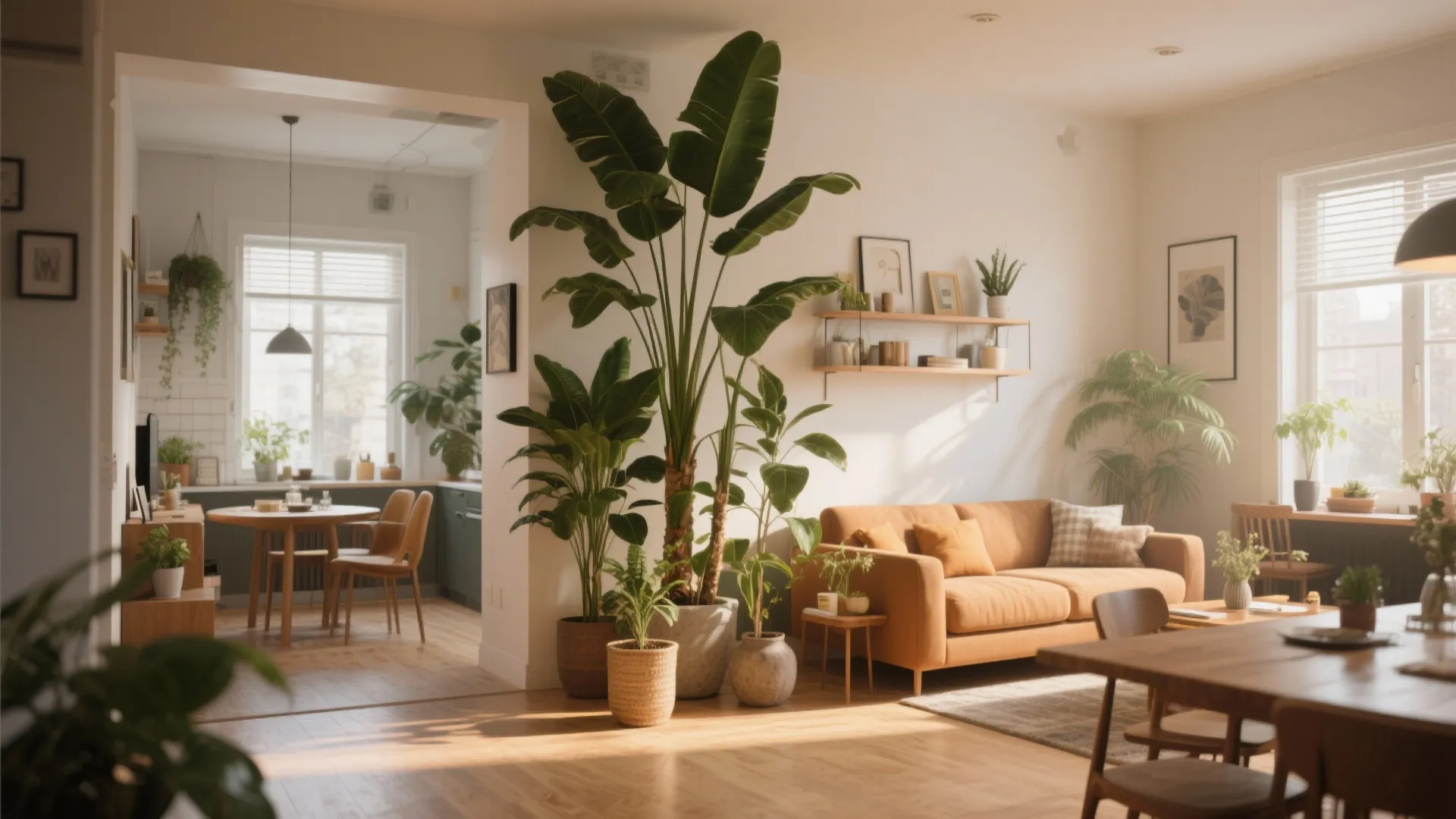 Tall plants separating living and dining areas naturally