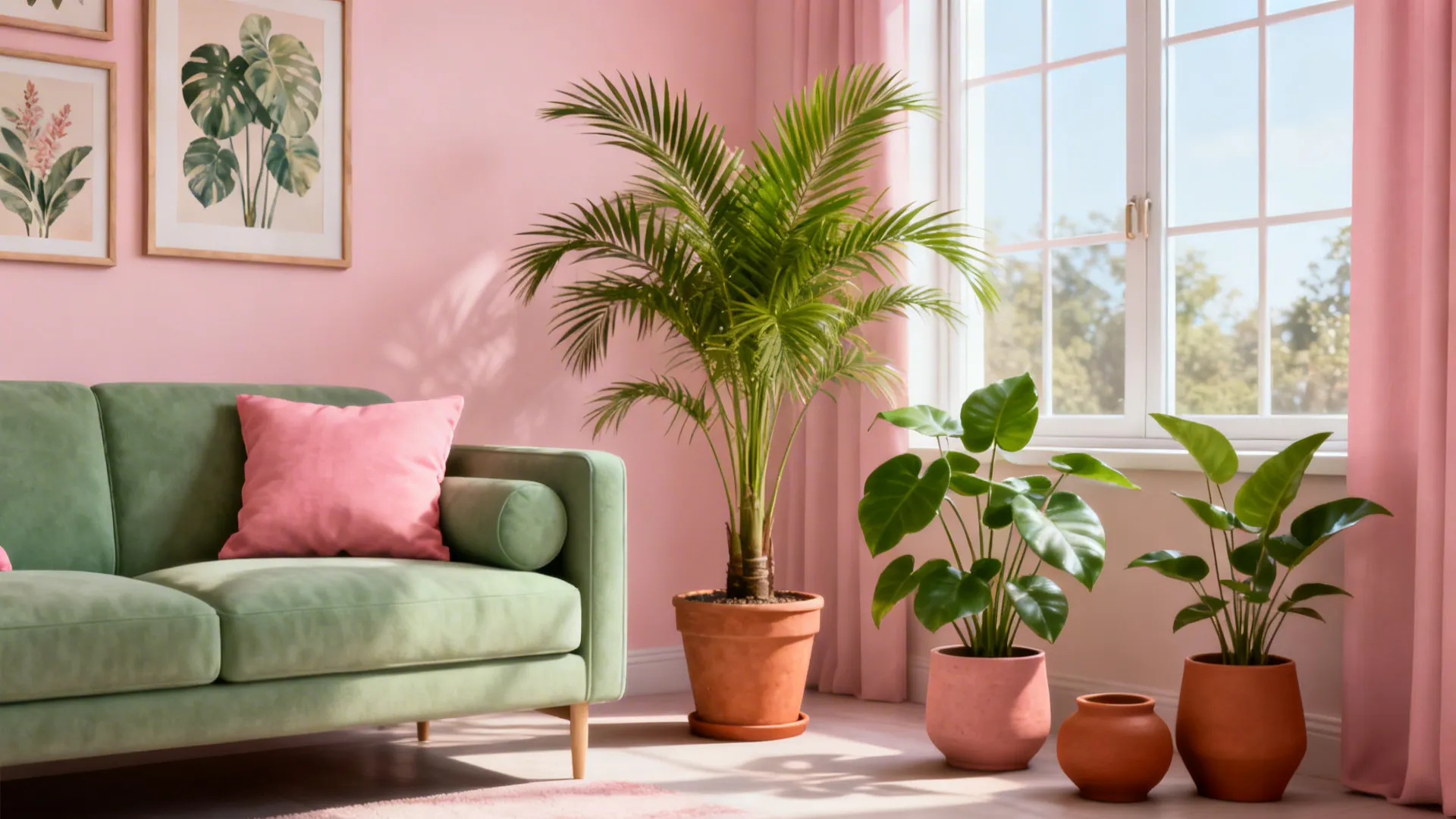 Small living room with potted palms, botanical prints, and sage-pink accents.