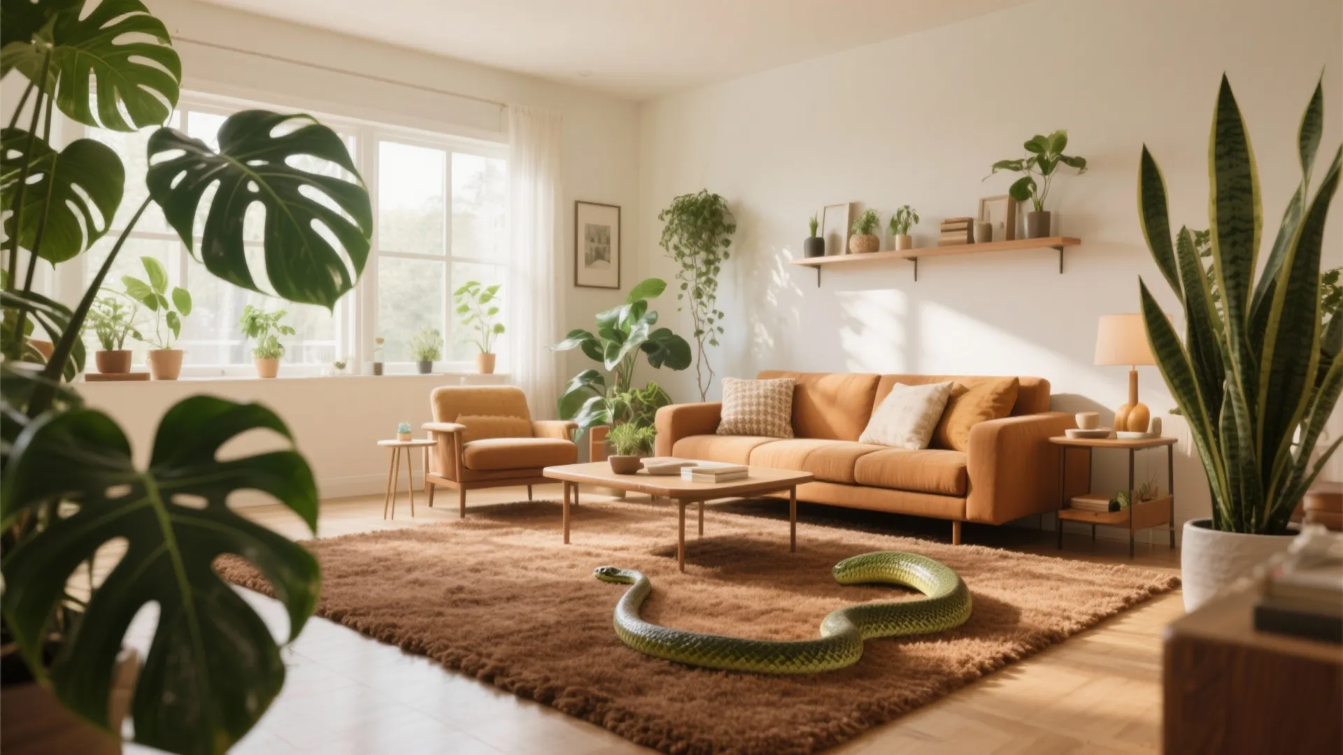 Bright living room with orange sofa green plants brown rug and large windows with sunlight
