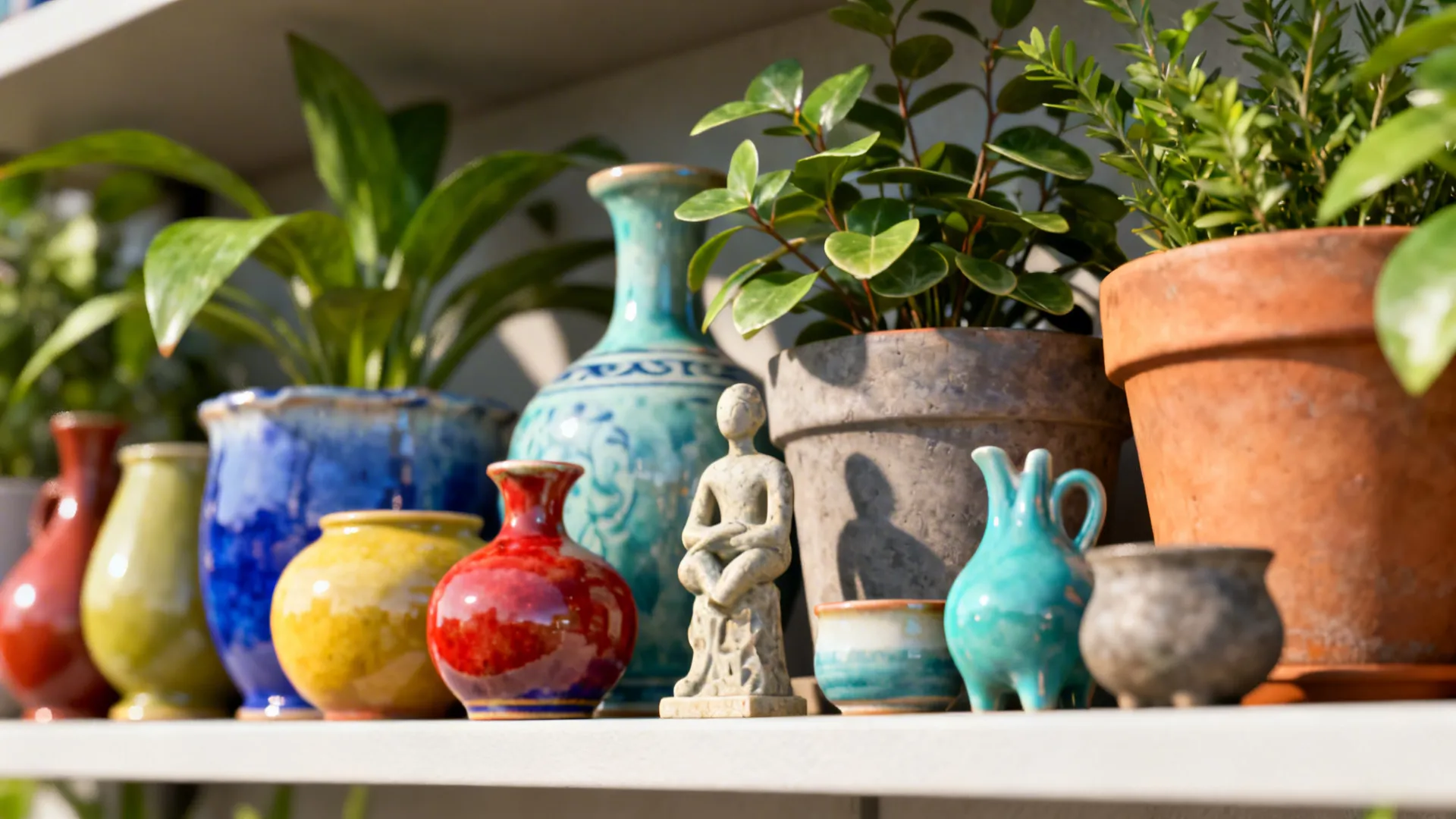 Grouped colorful ceramics and potted plants on a shelf creating small color anchors