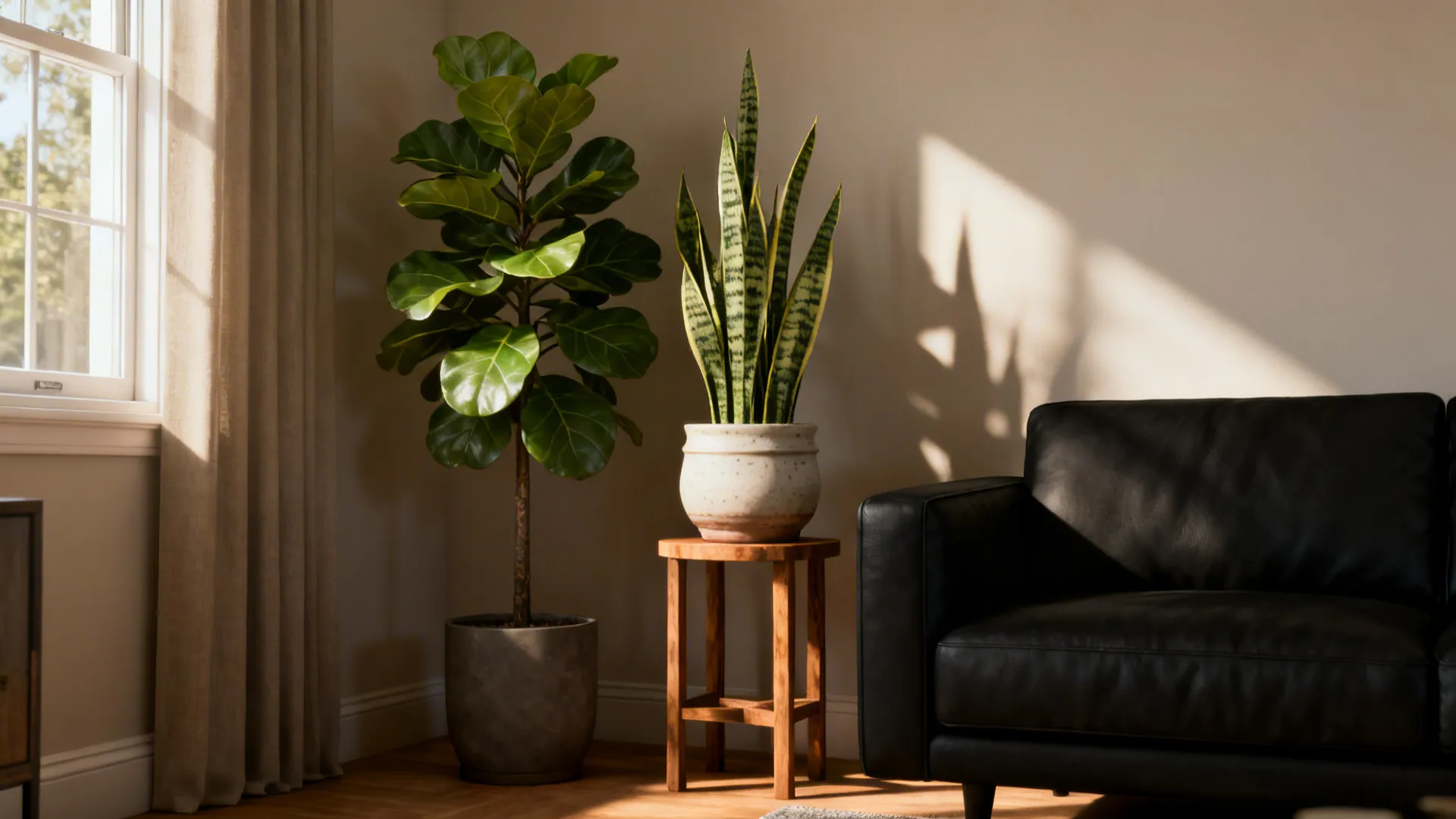 Black sofa beside tall fiddle leaf fig and snake plant adding vertical interest and freshness.