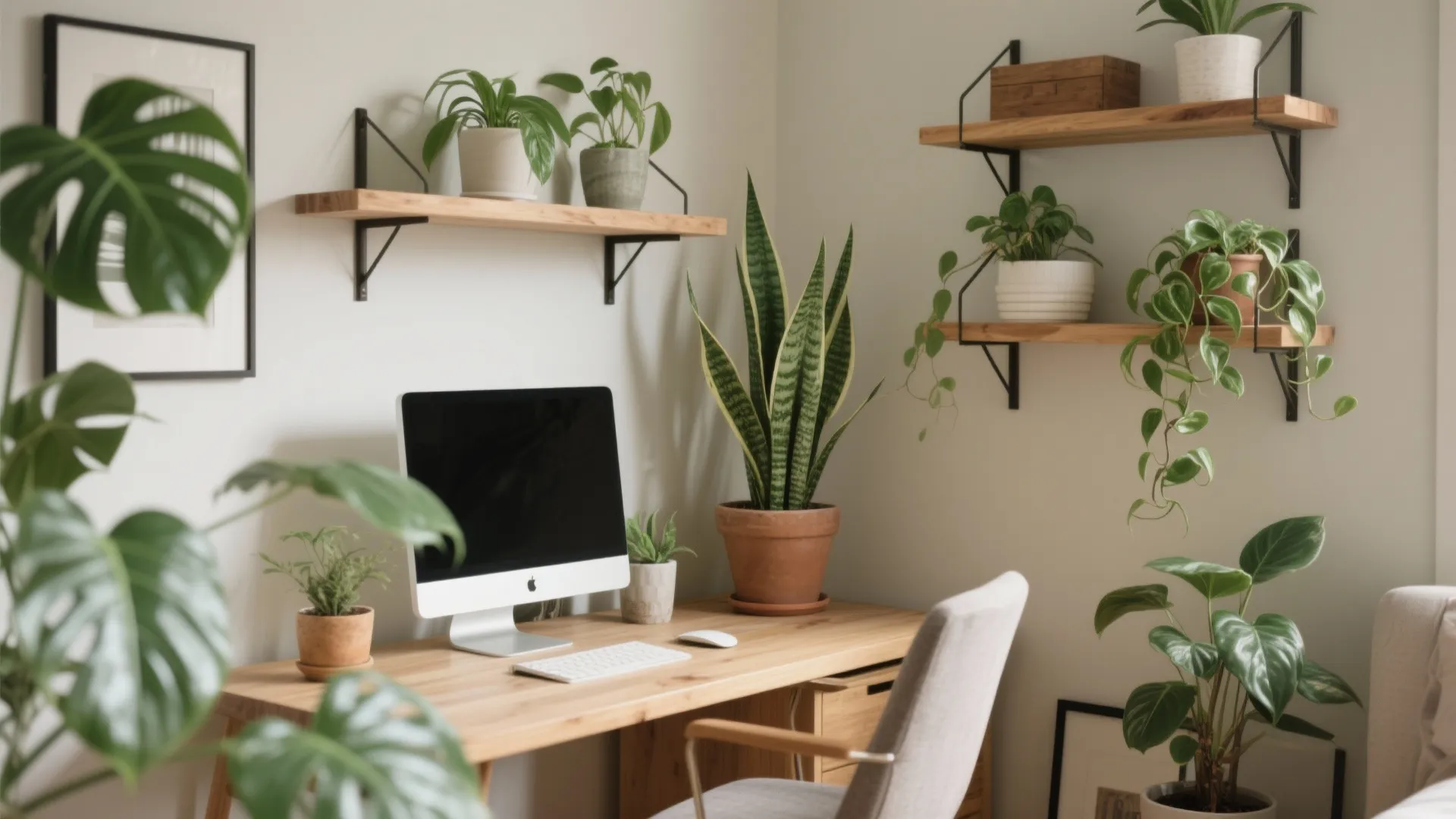 Green plants on wooden wall shelves above a computer desk in a cozy home office