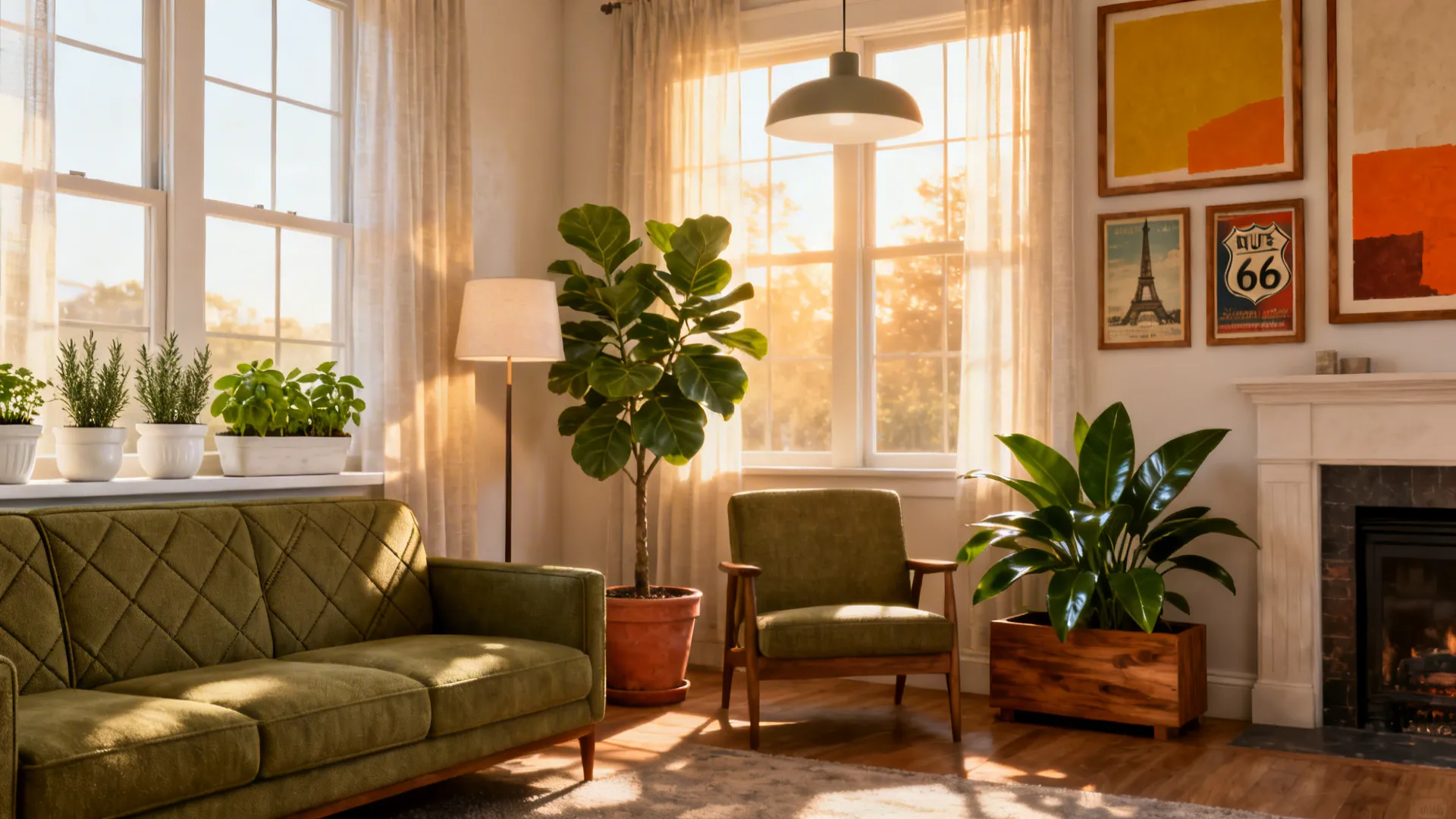 Mid-century living room with large indoor plants and curated abstract art.