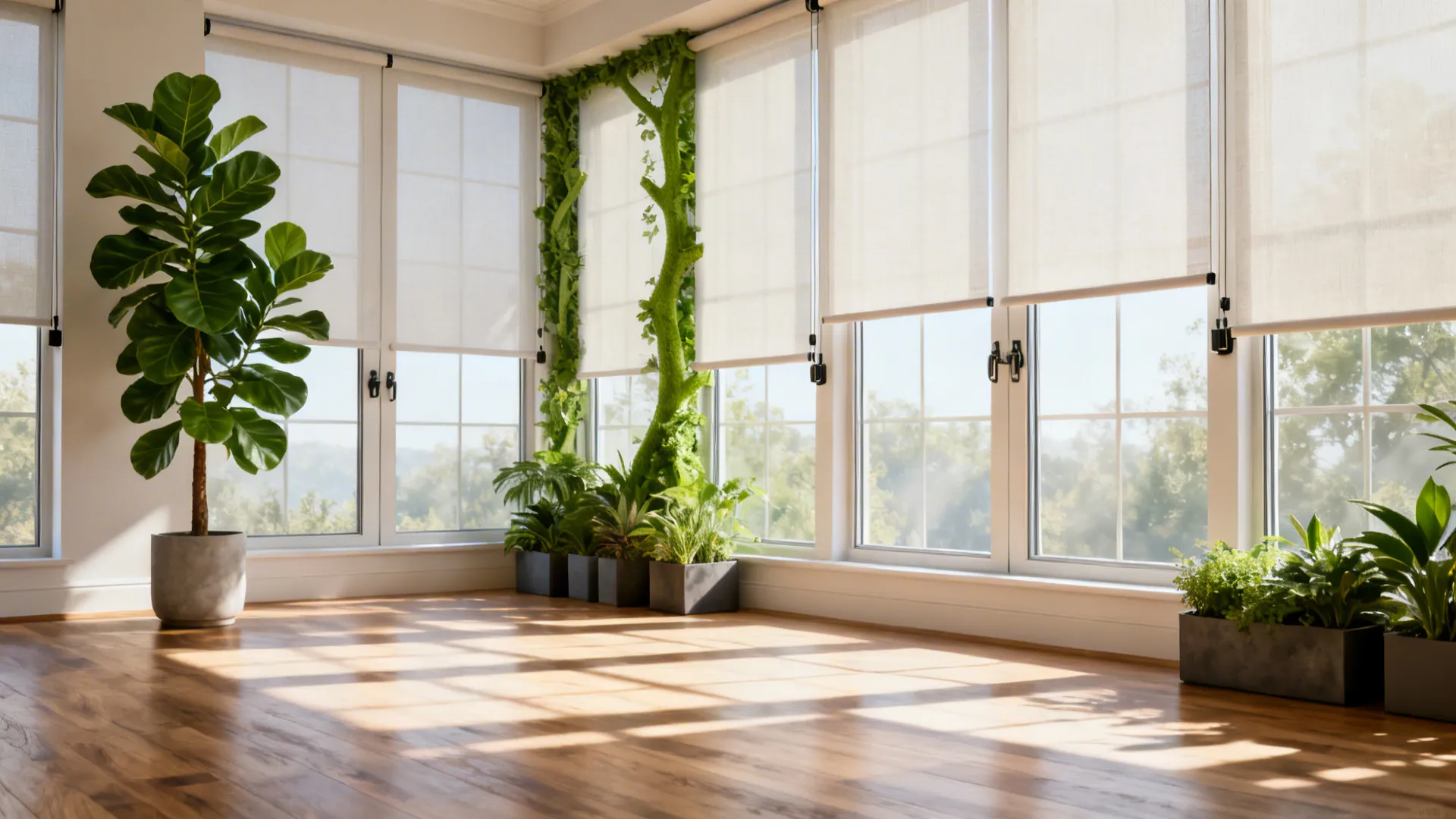 Living room with tall fiddle-leaf fig and sheer window panels letting in daylight
