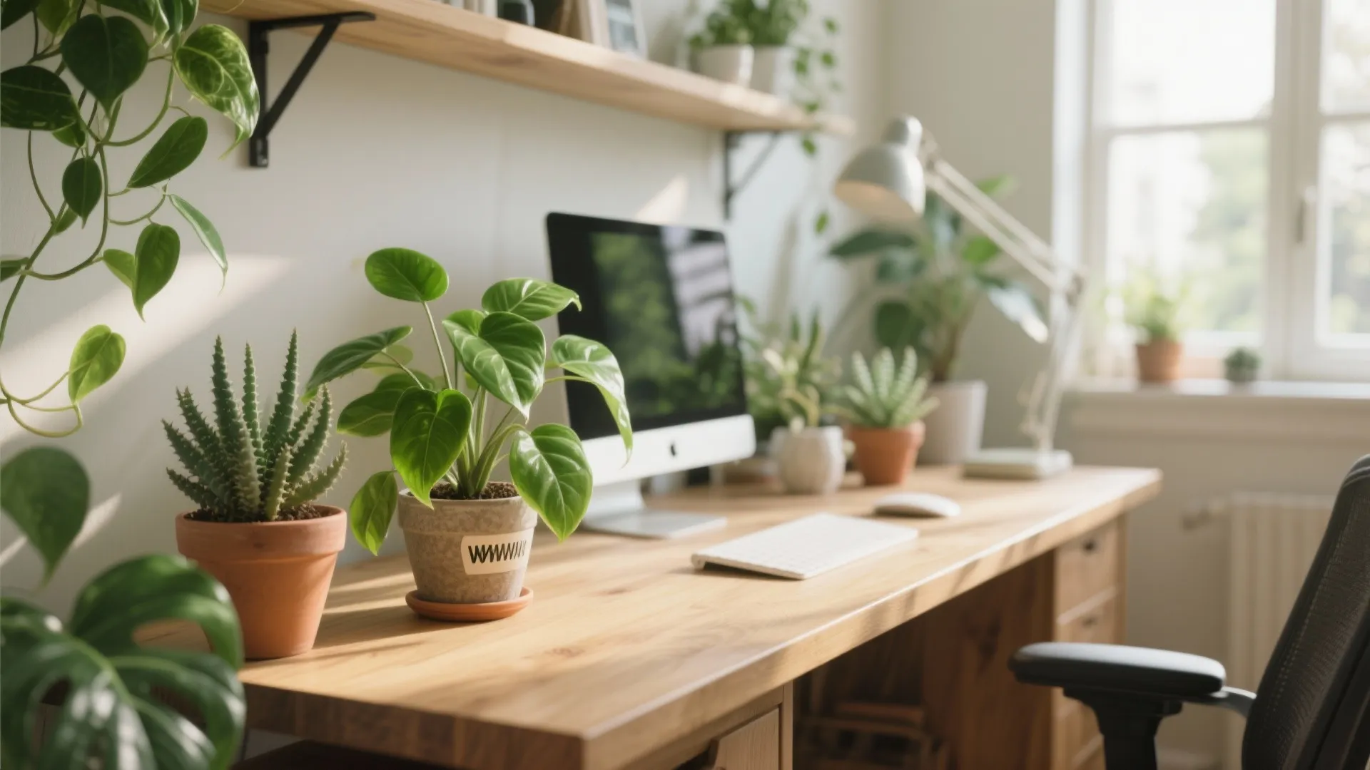 Wooden desk with computer monitor and many green potted plants under a light wood shelf