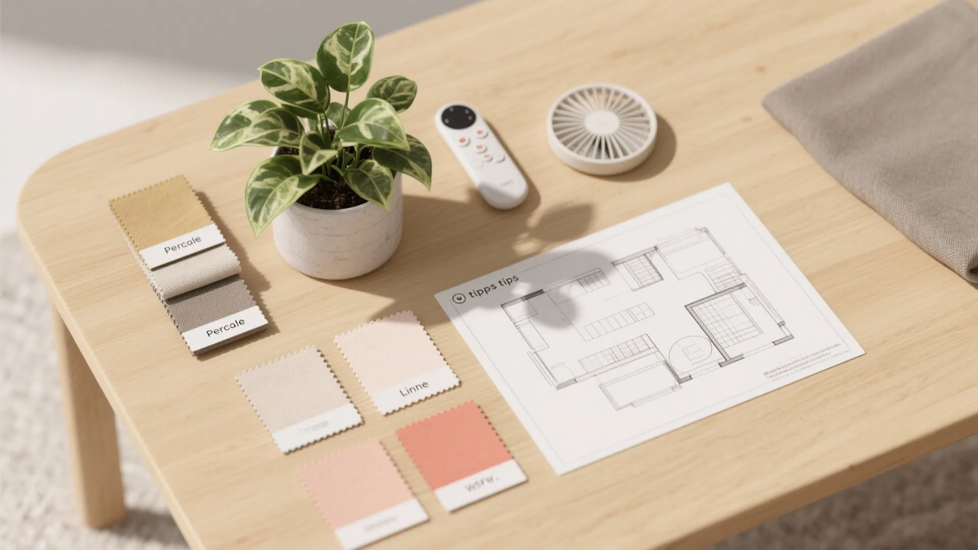 Flatlay of plant samples, fabric swatches, fan remote and paint chips illustrating summer bedroom FAQs.