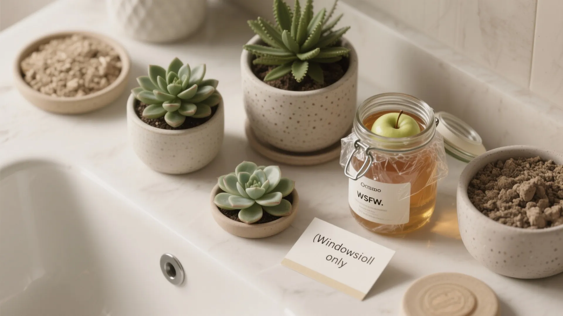 Top view of green potted plants and a glass jar on a white marble surface
