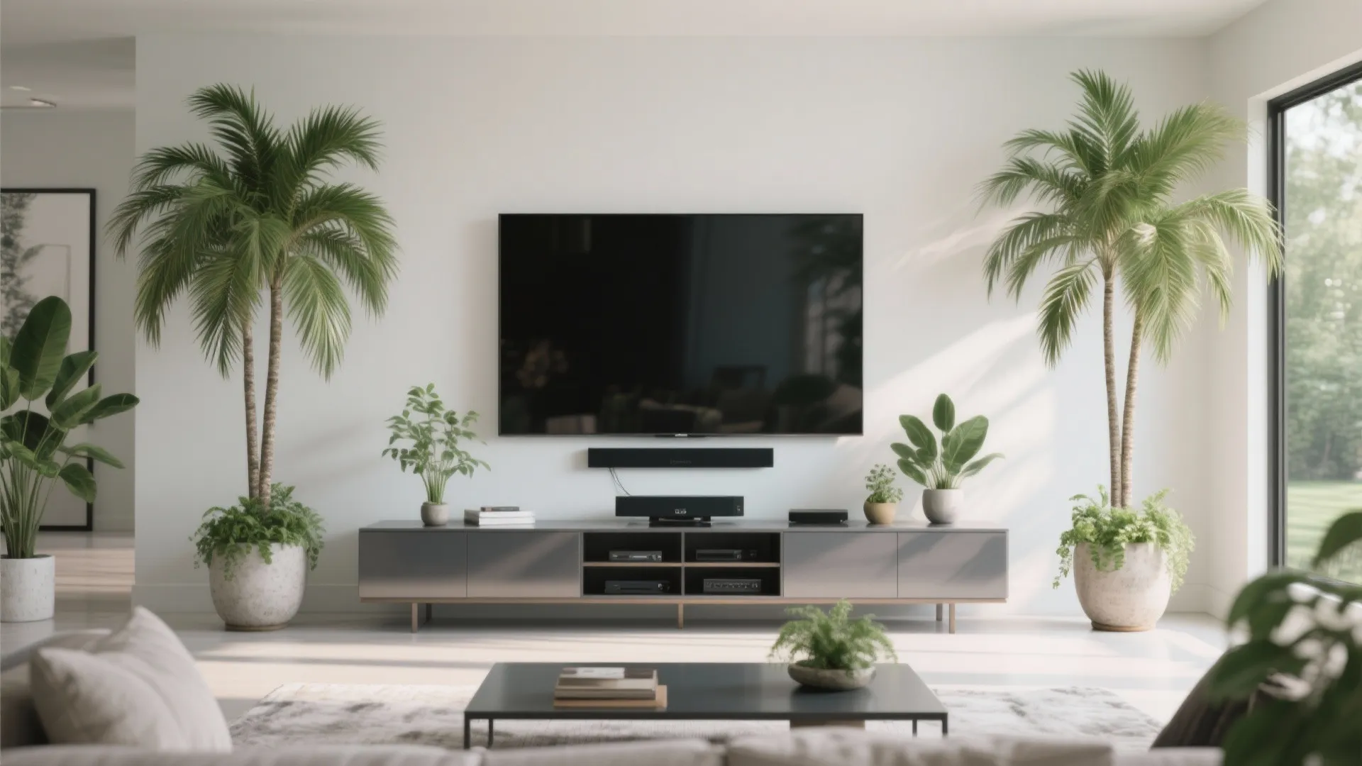 Minimalist living room showing large wall mounted television framed by two tall green palm plants