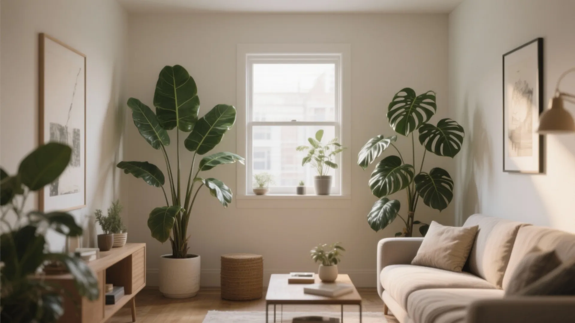 Bright living room featuring large green potted plants framing a window with soft natural light