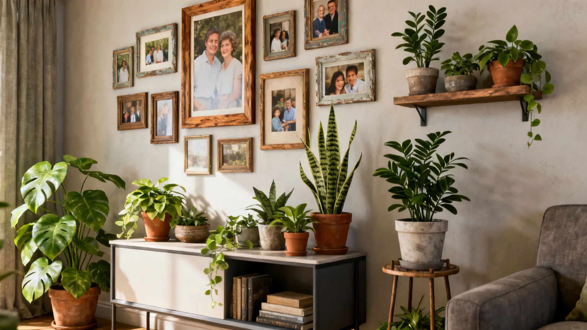 Gallery wall of thrifted frames with potted plants on shelves in a small living room