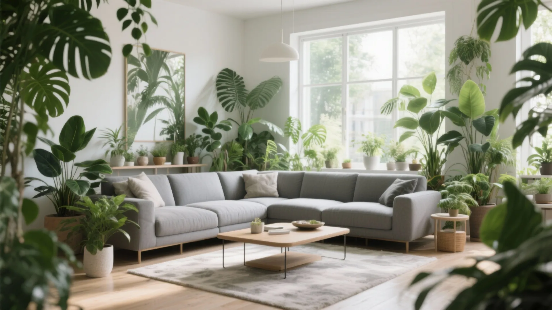 Bright living room with gray sofa wooden coffee table many green plants and large white windows