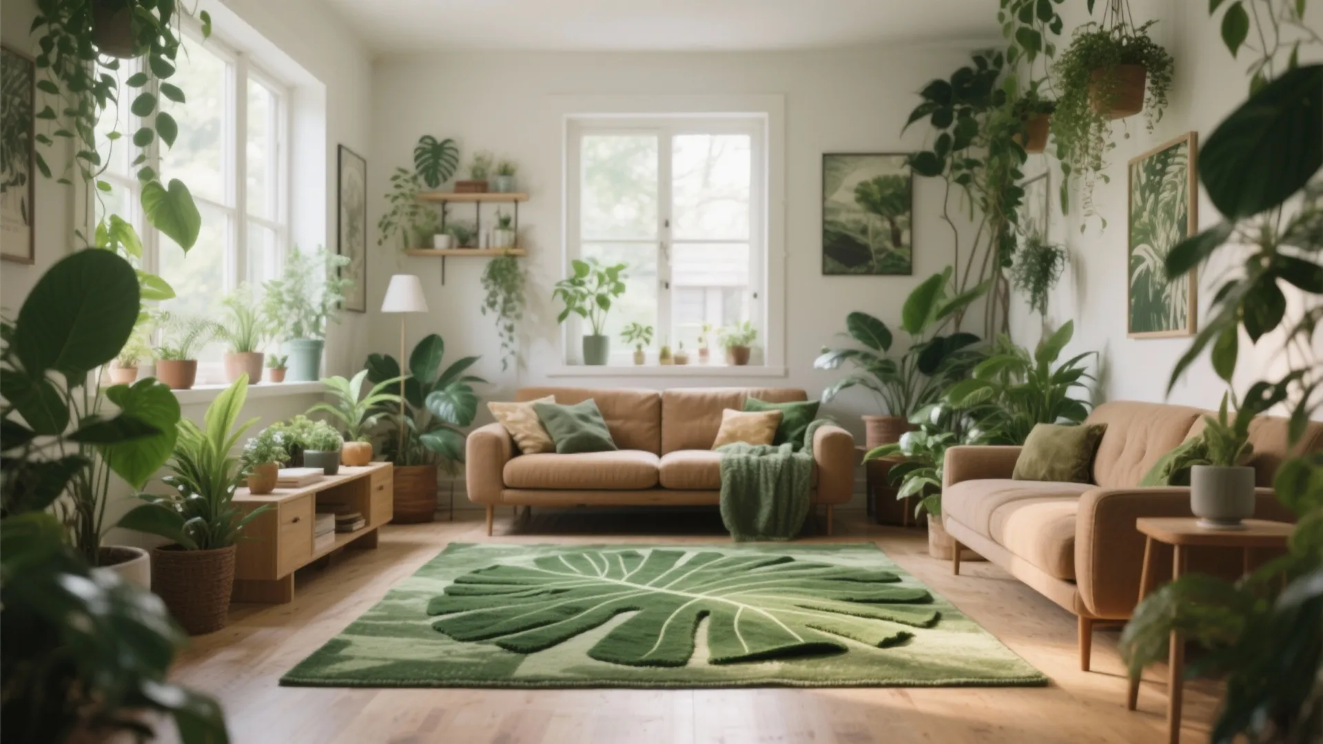 Living room with brown sofas and leaf shaped green rug surrounded by many indoor plants