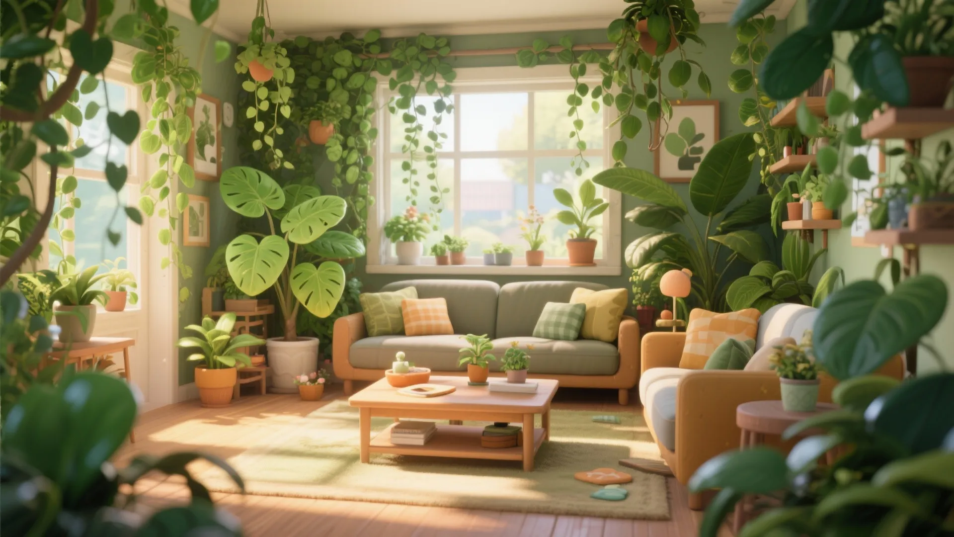 Green living room filled with many indoor plants sofa with yellow pillows and coffee table