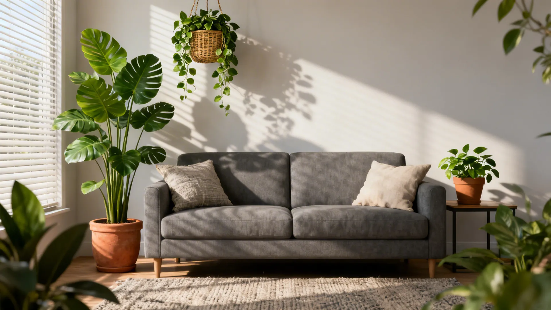 Bright living room with grey sofa green potted plants wooden floor and warm natural sunlight shadows