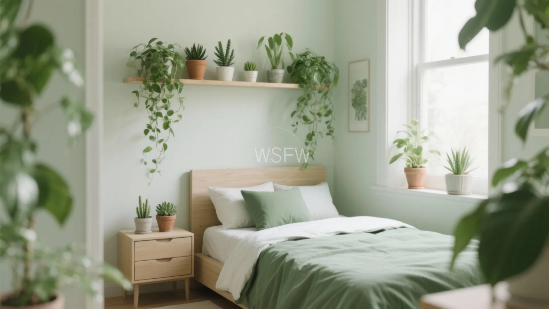 Light green bedroom with wooden bed and many green indoor plants on shelf and windowsill