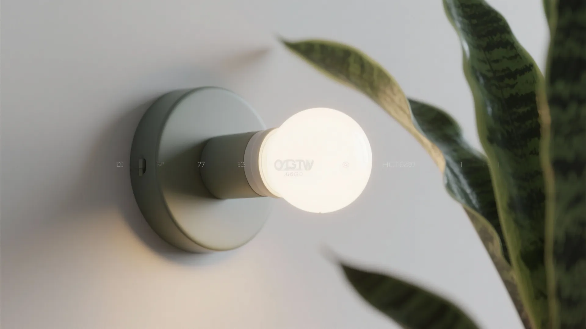 Modern green wall light fixture with a glowing light bulb next to a green plant
