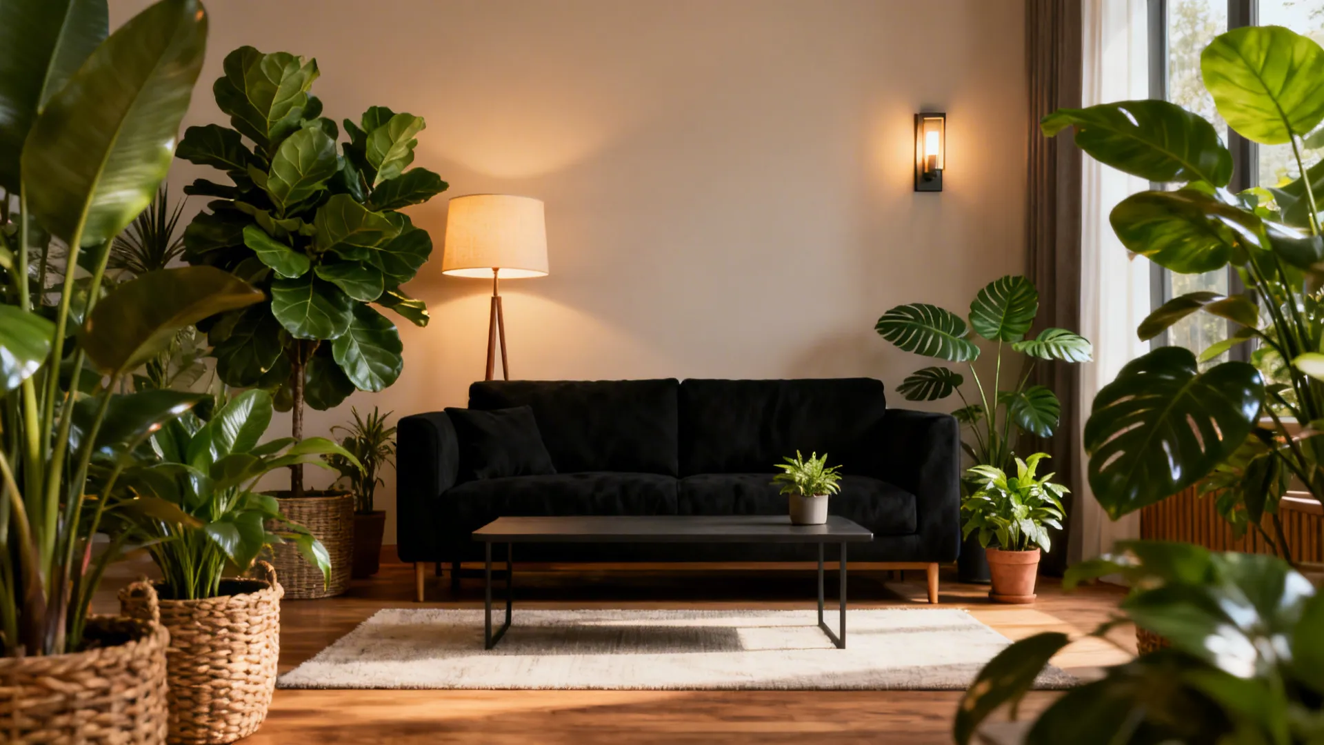 Black couch softened with layered lighting and green plants in a cozy living room.