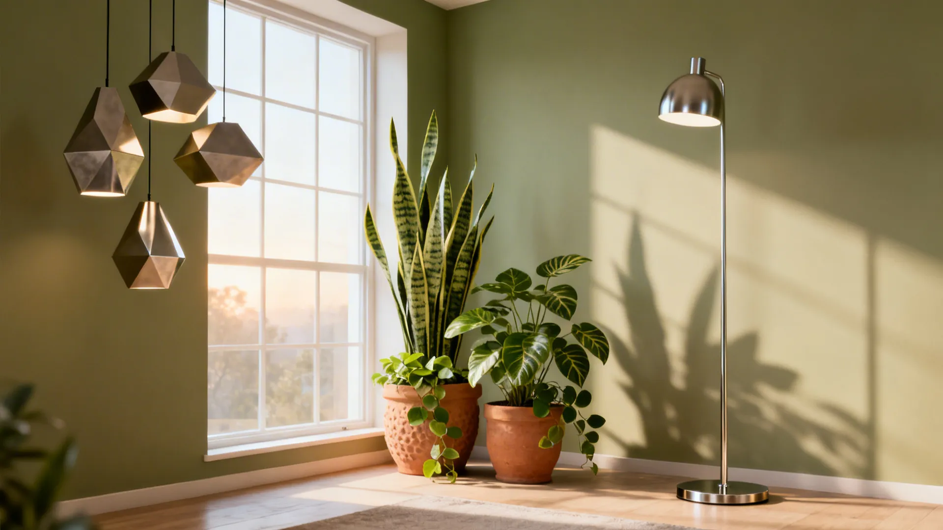 Living room corner with sculptural lighting and potted snake plant and pothos.