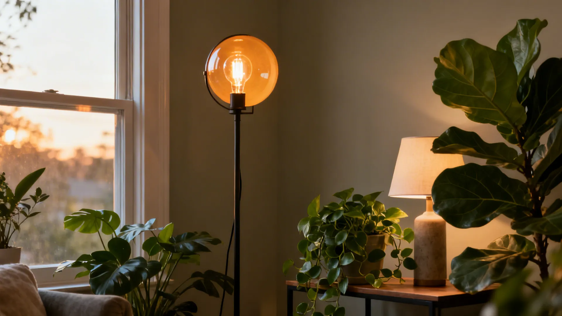 Living room with a fiddle leaf fig and pothos paired with warm dimmable lighting to echo sage tones.