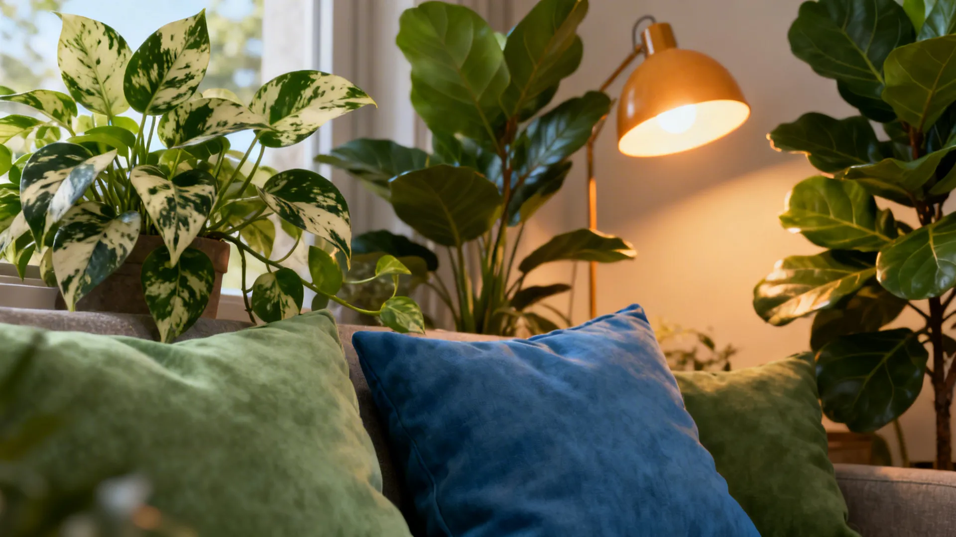 Vignette of plants, warm layered lighting, and green-blue cushions