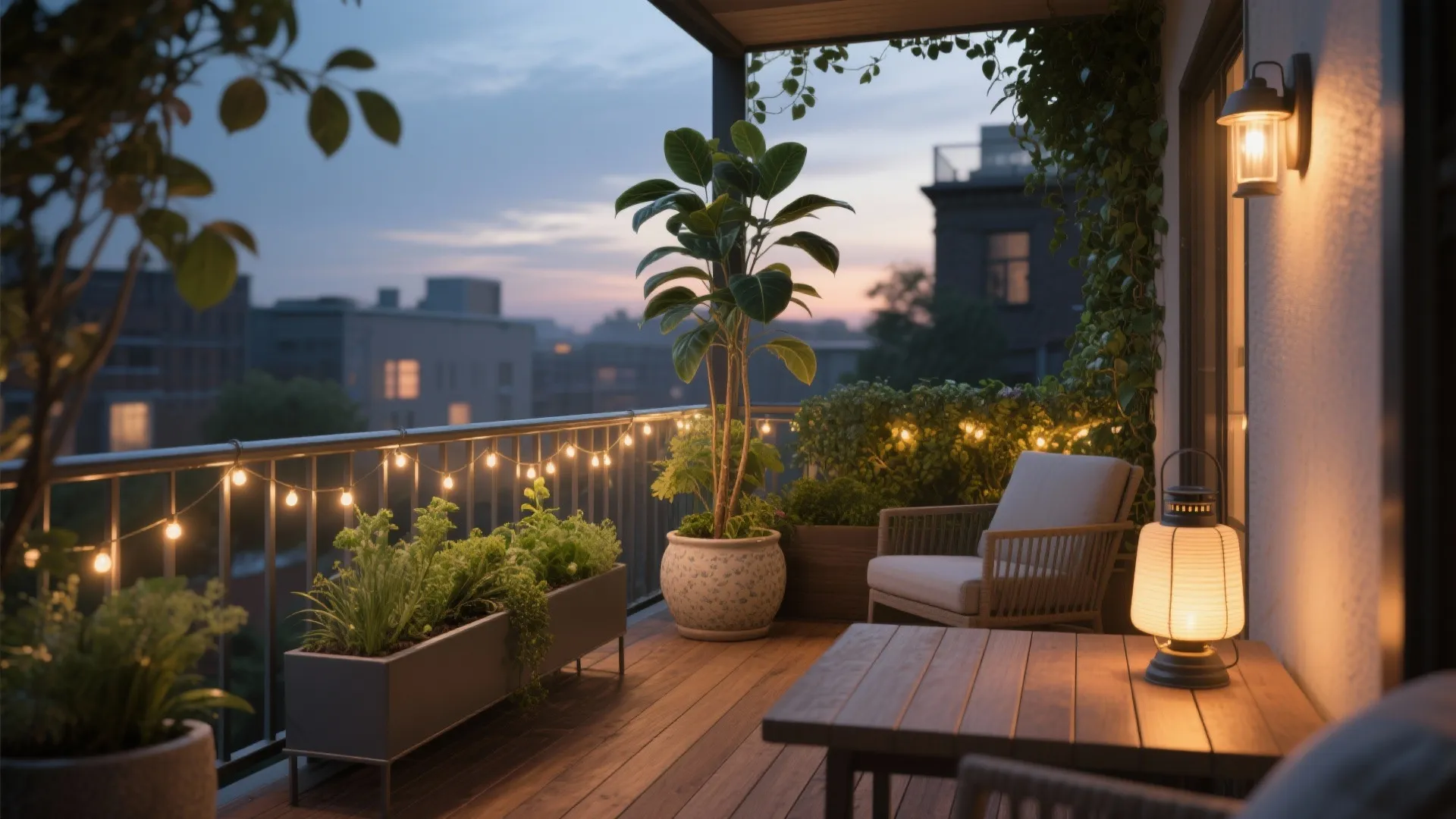 Evening balcony decorated with string lights wall light lantern wooden table and green potted plants
