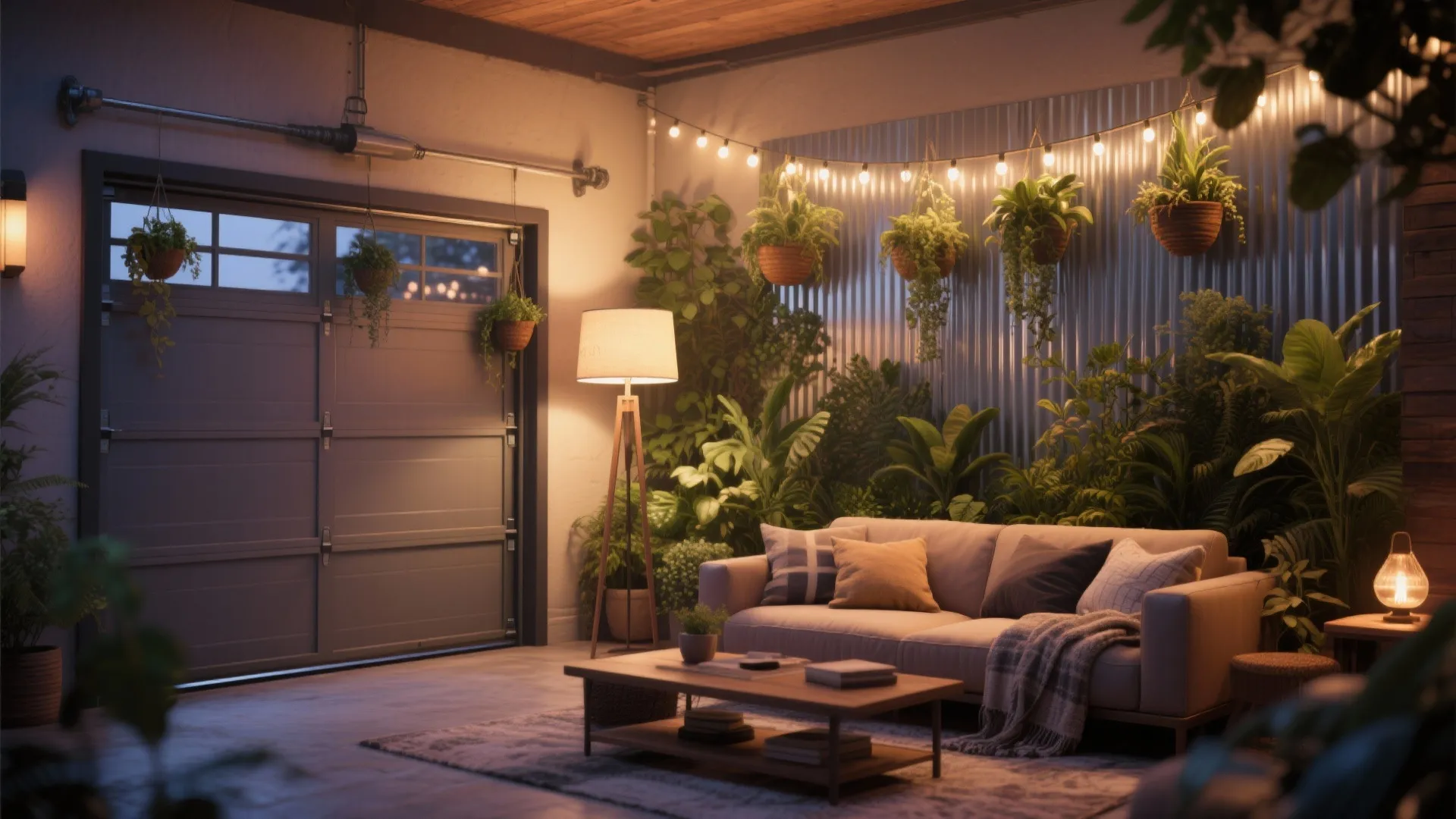 Garage door softened by hanging plants, string lights, and warm lamp lighting in a cozy living room