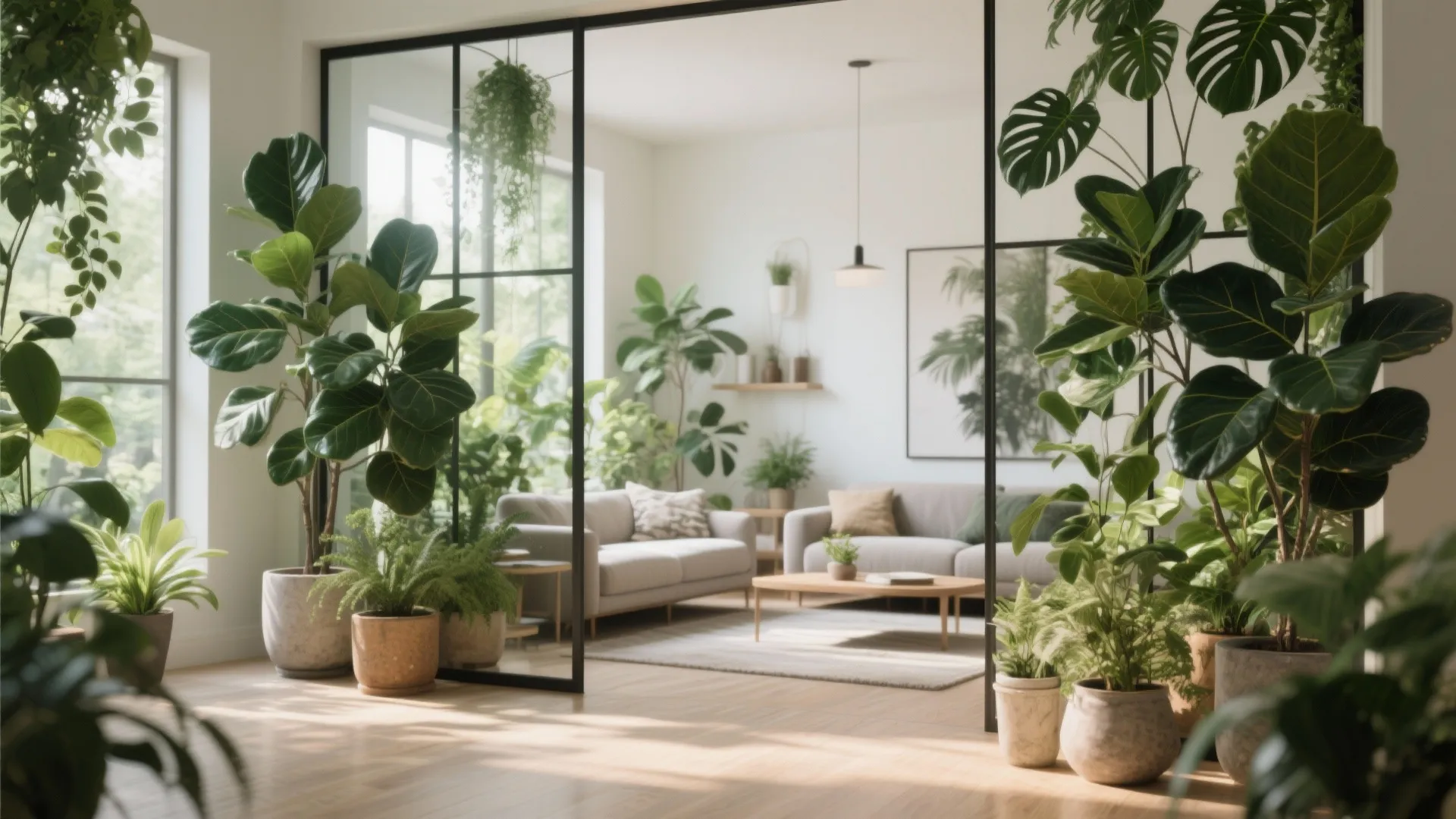 Modern living room featuring large indoor plants as a natural room divider with grey sofa
