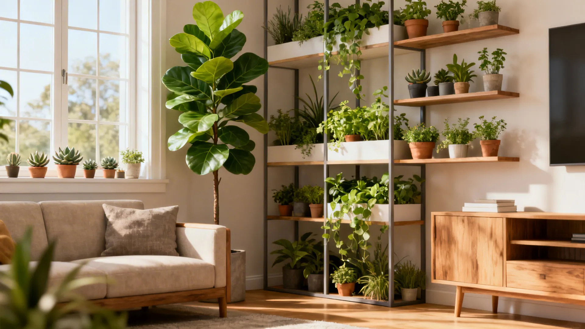 Small living room with fiddle leaf fig and small potted plants on shelves