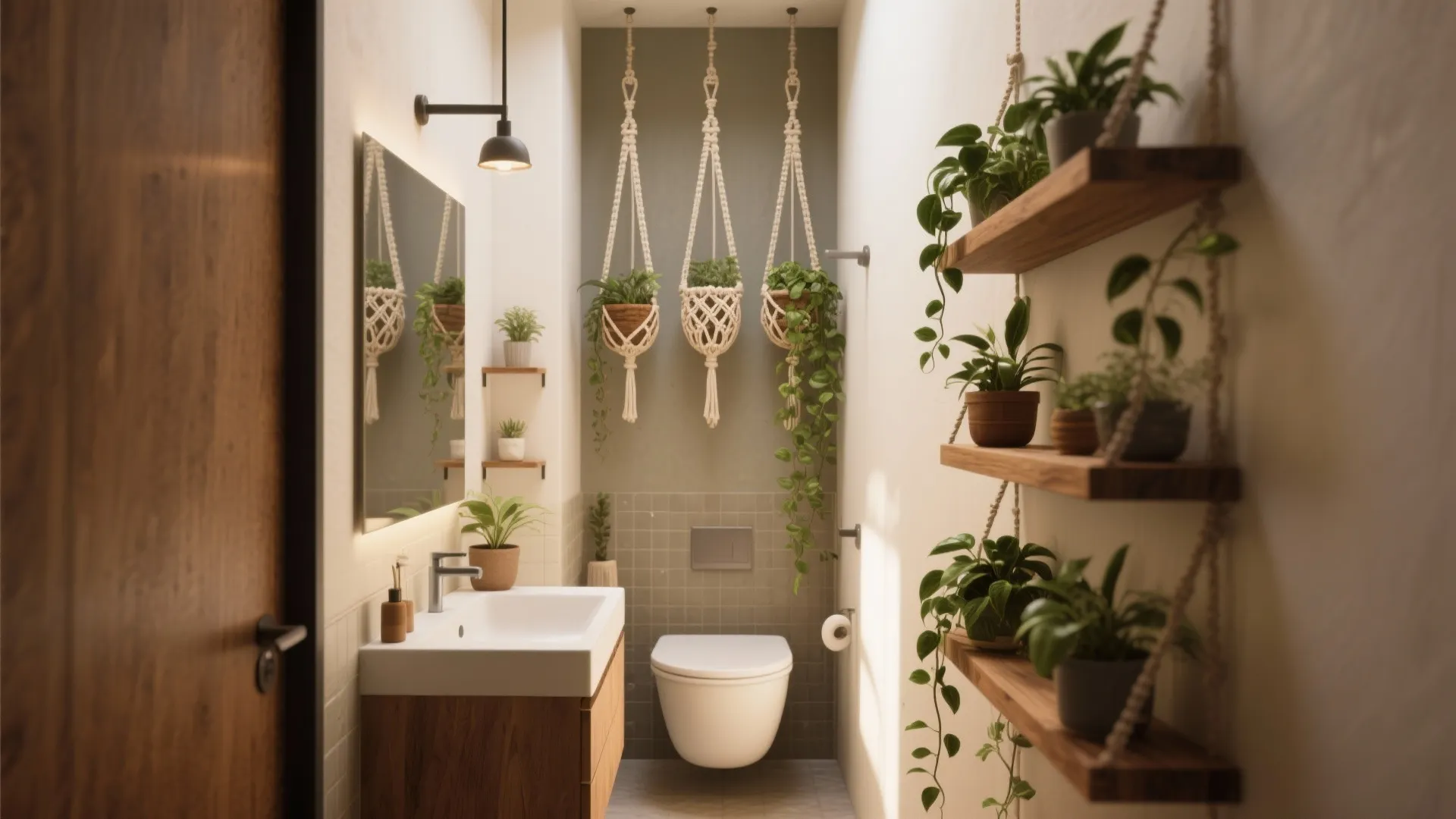 3. Hang plants and macramé shelves for vertical interest