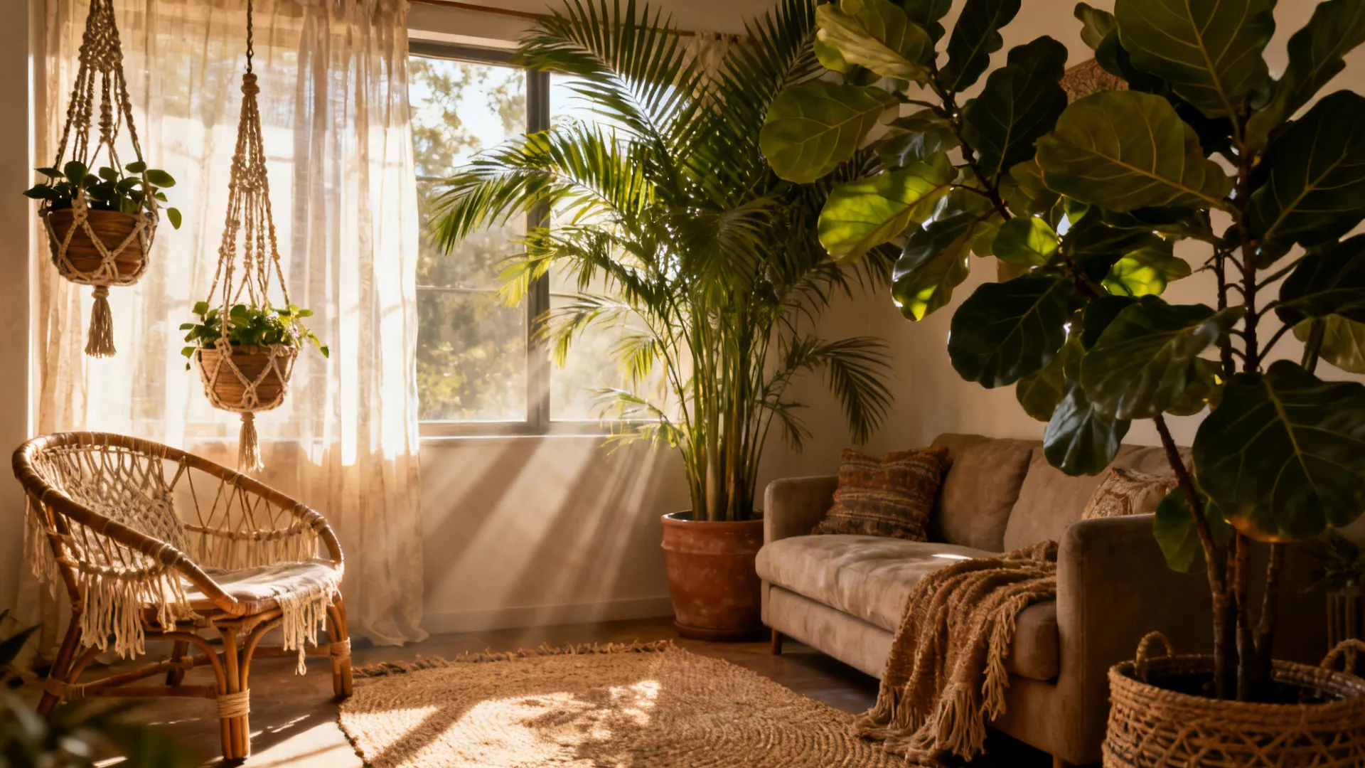 Sunlit boho corner with hanging macramé planter, tall plants, rattan furniture and jute rug.
