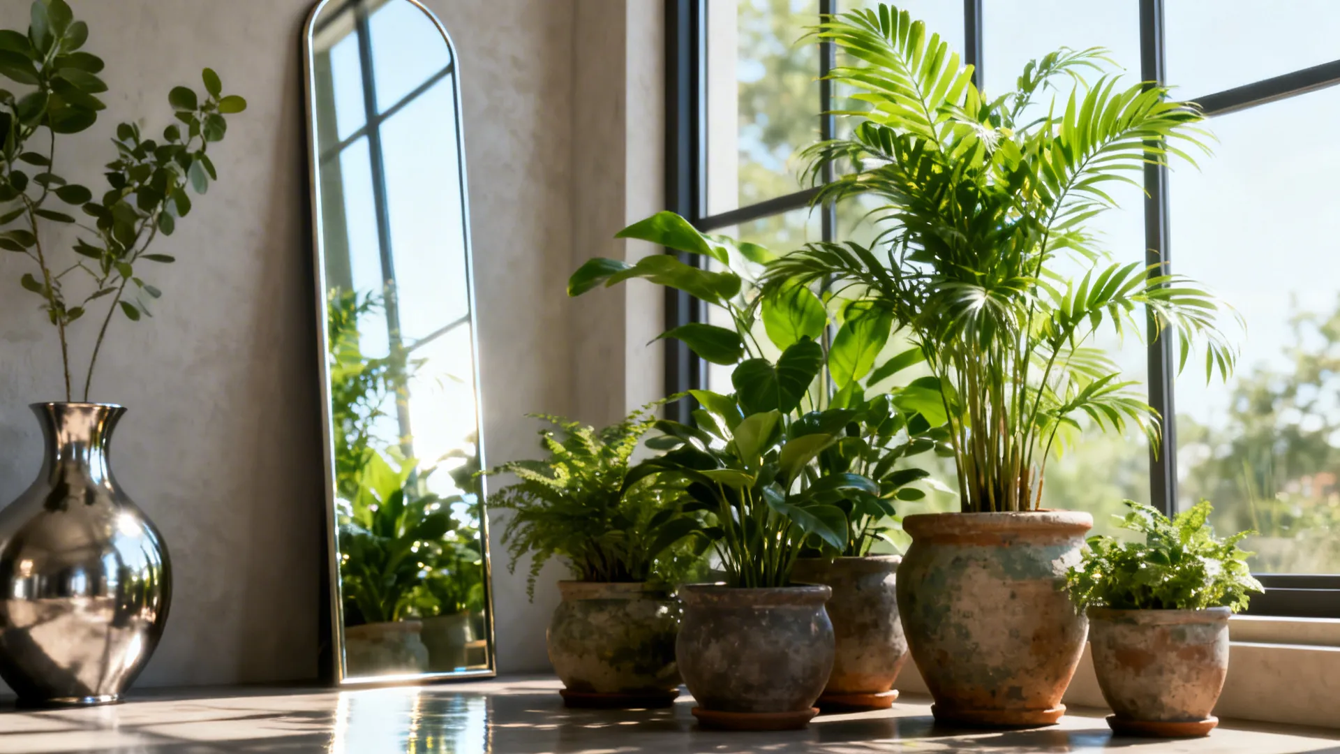 Clustered indoor plants by a window with a slender mirror amplifying light