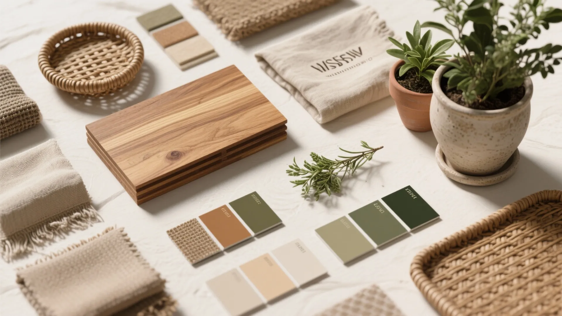 Interior design material board with wood samples fabric swatches color palettes small plants and woven basket