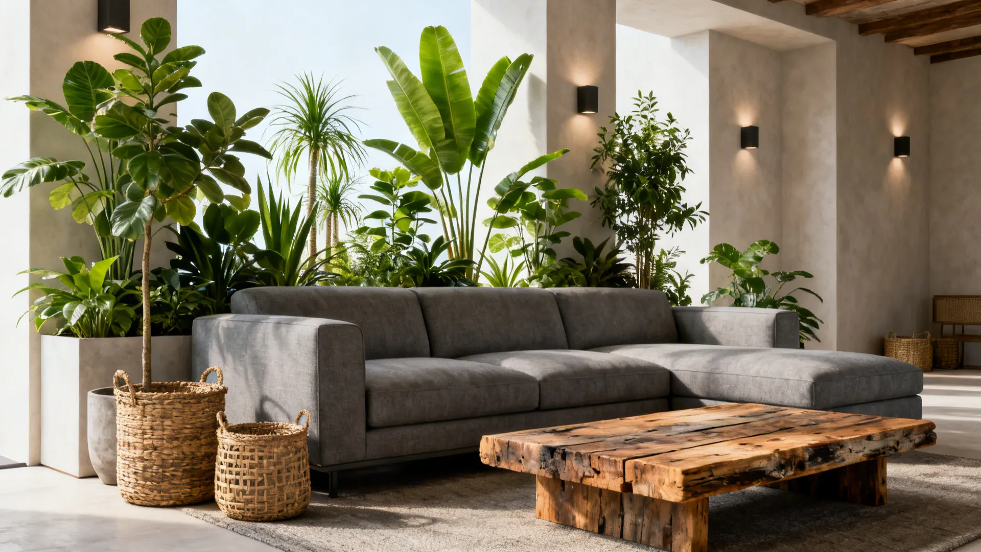 Grey sectional with plants, woven baskets and reclaimed wood coffee table