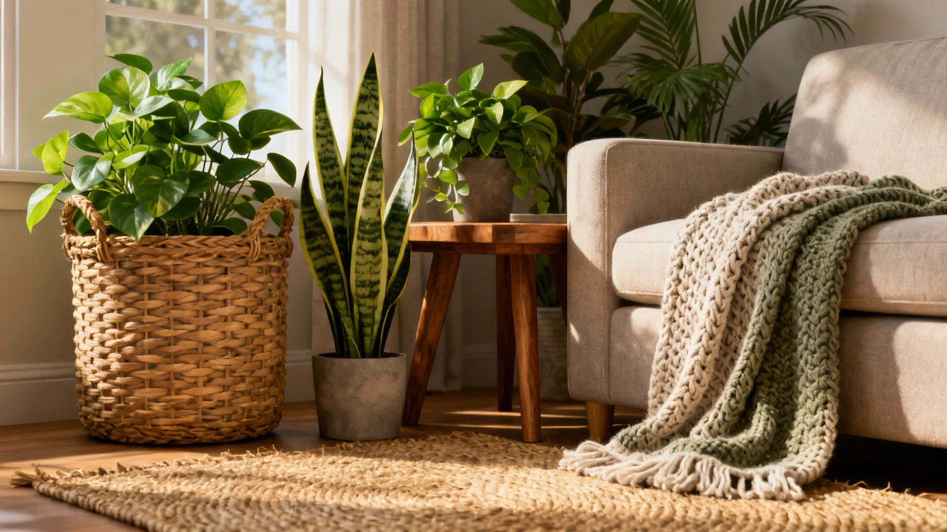 Indoor green plants in woven basket beside sofa with knitted blanket and natural sun light