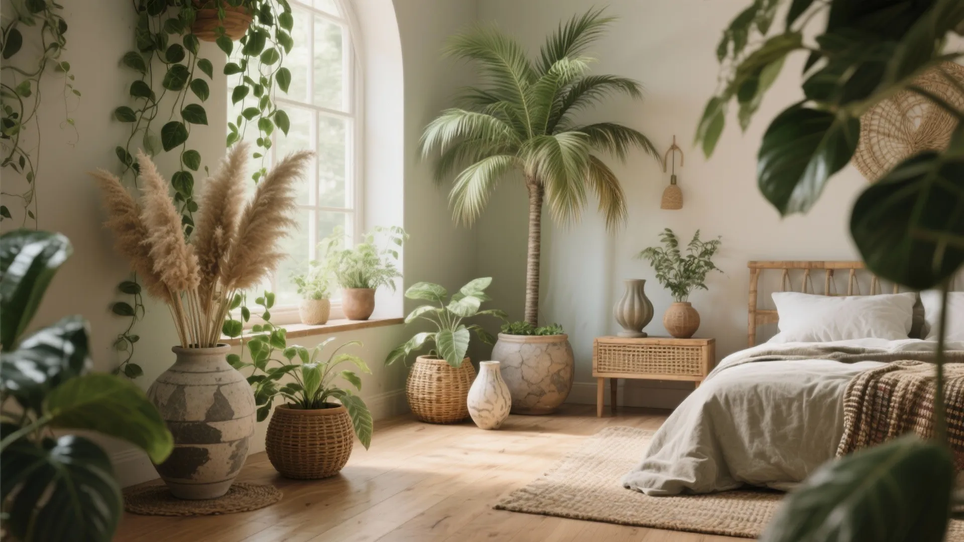 Cozy bedroom featuring green indoor plants in woven pots near a window with bright sunlight