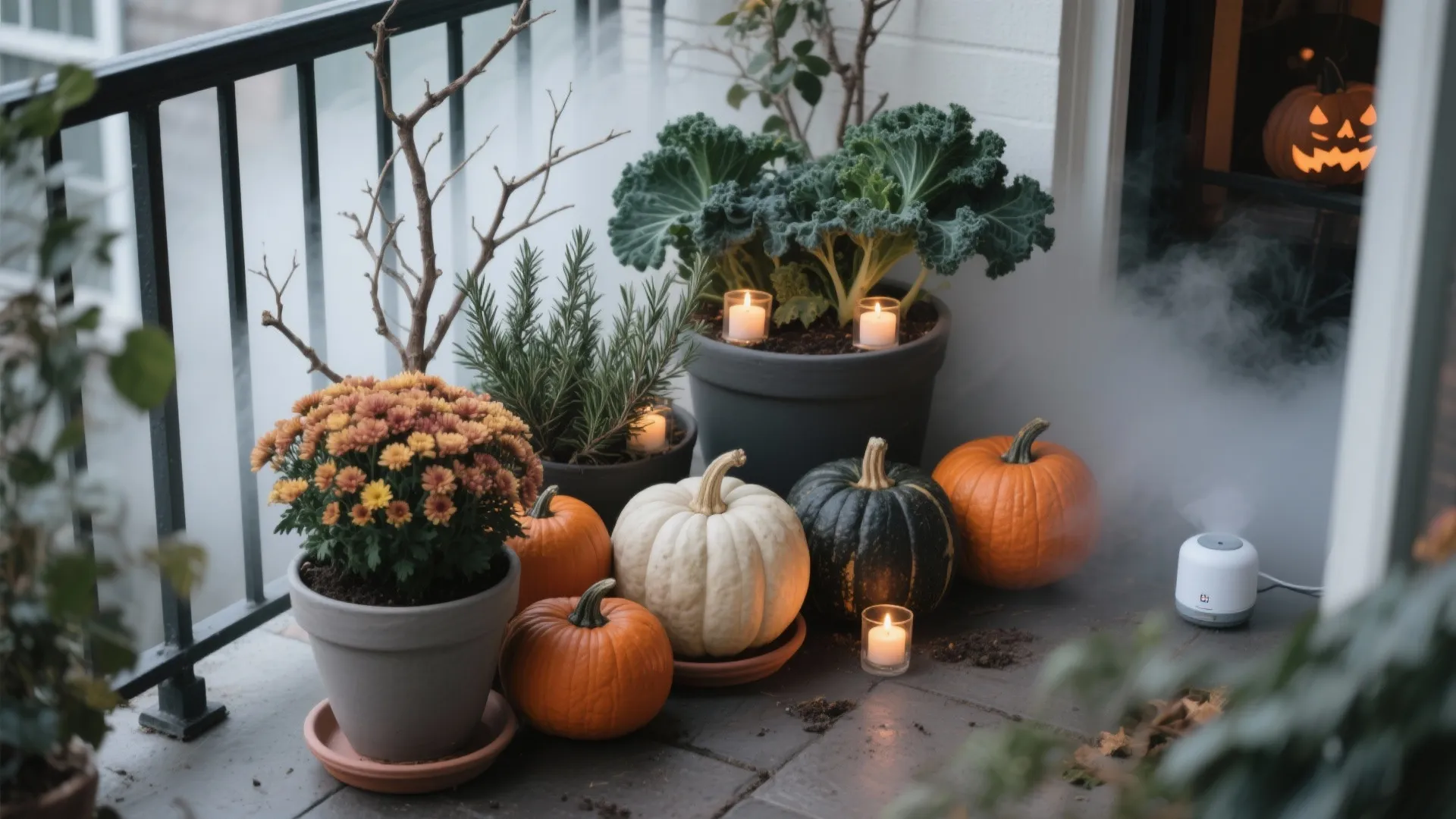 Small balcony floor display with colorful pumpkins potted plants candles and a white smoke machine