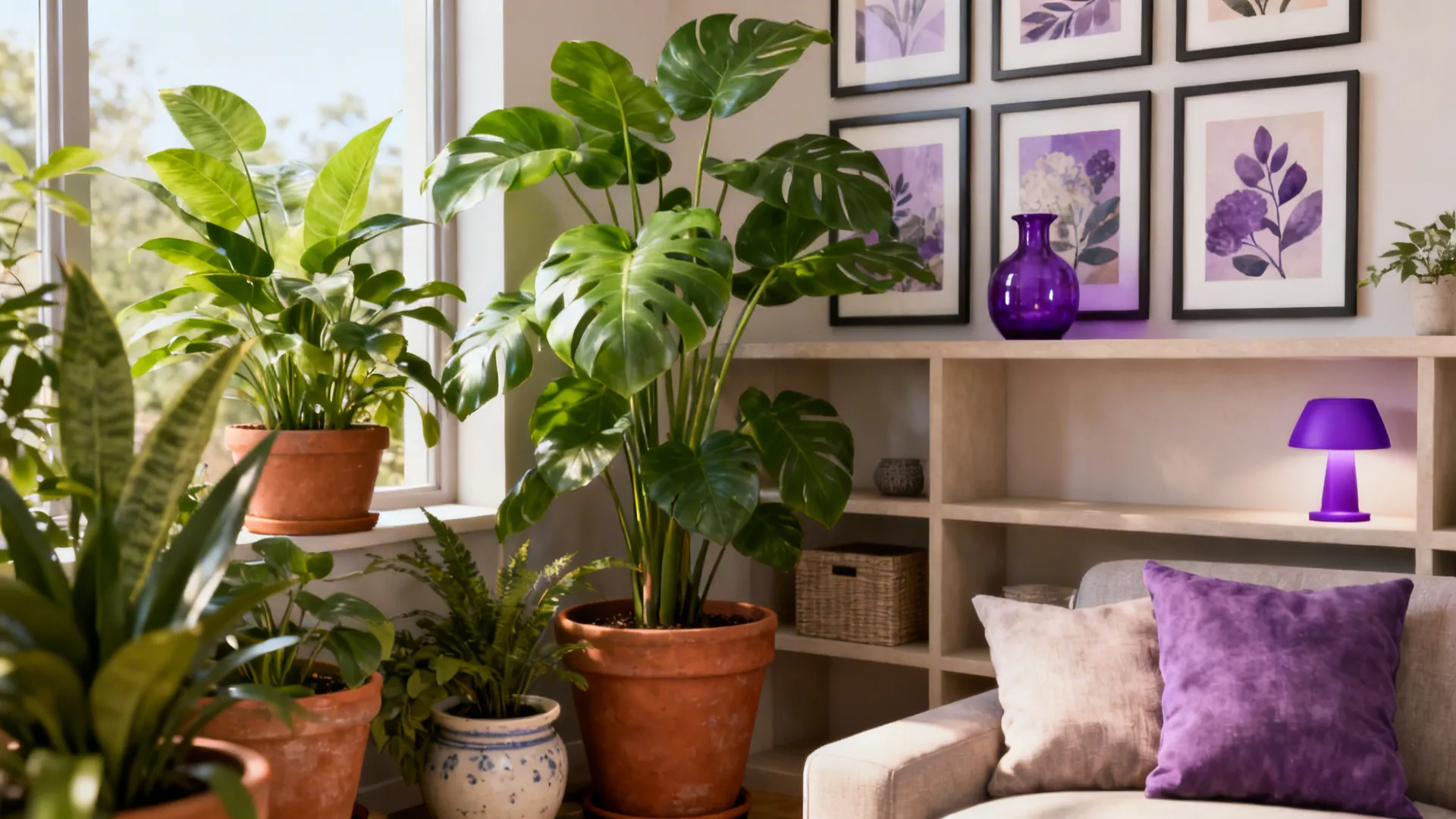 Cluster of green houseplants with purple art and accessories on neutral shelving in a living room