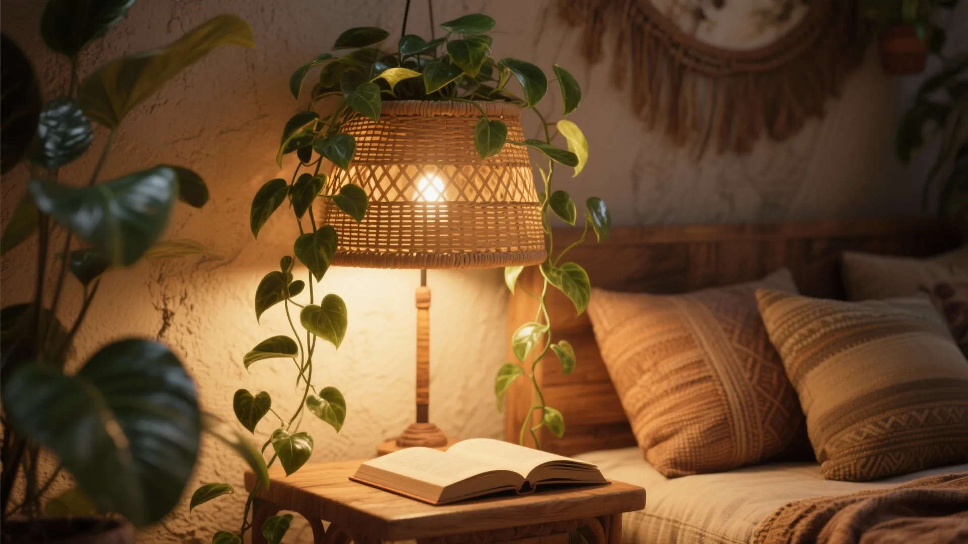 4. Plants, rattan, and warm lighting