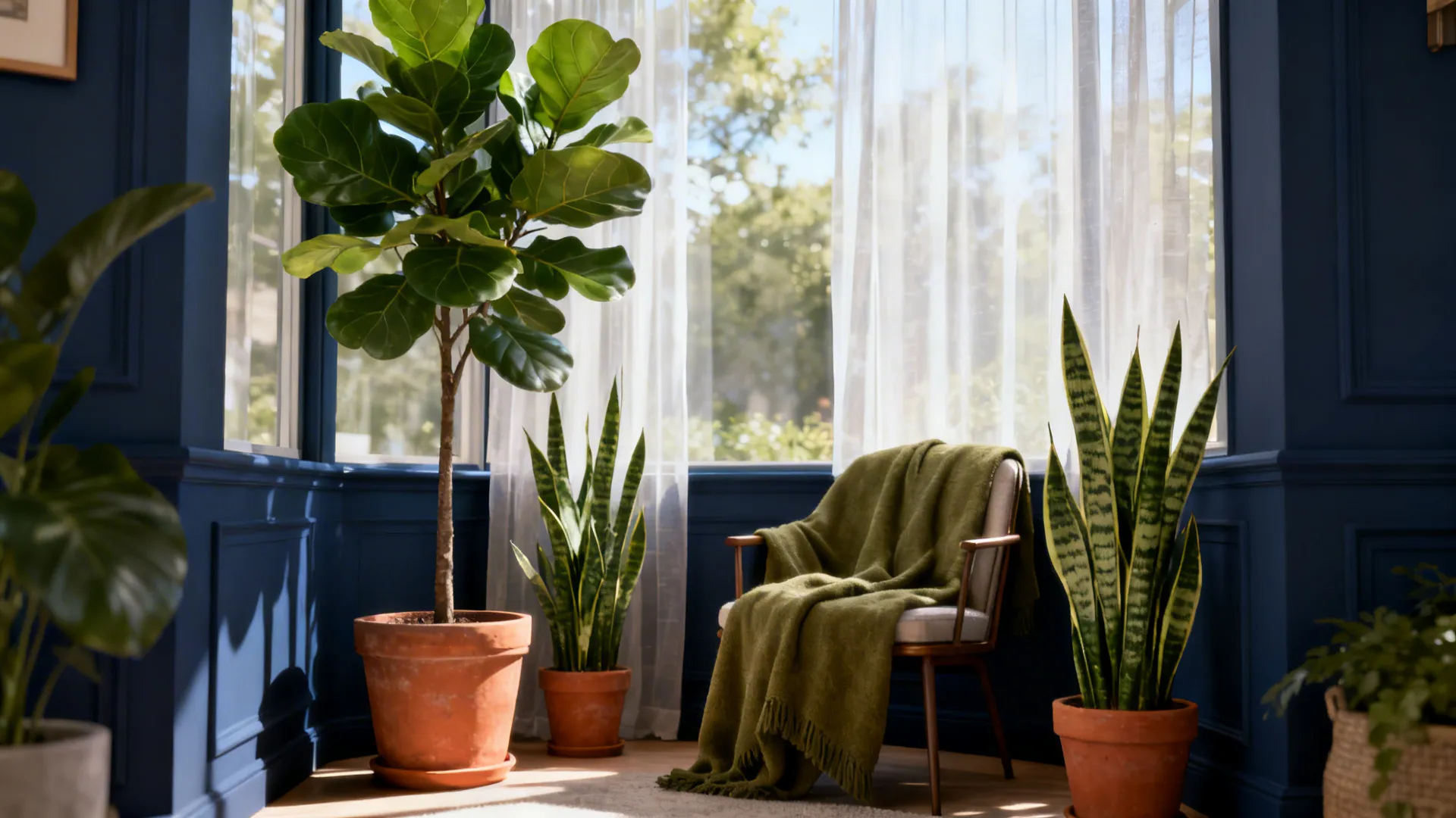Navy reading nook with fiddle-leaf fig and snake plant near a sheer-curtained window.