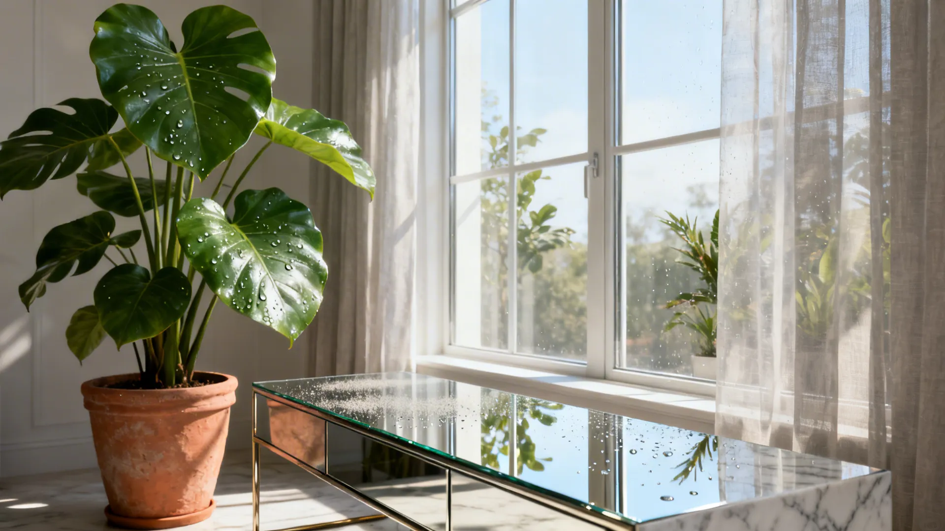Tall indoor plant beside a mirrored console reflecting daylight from a large window.