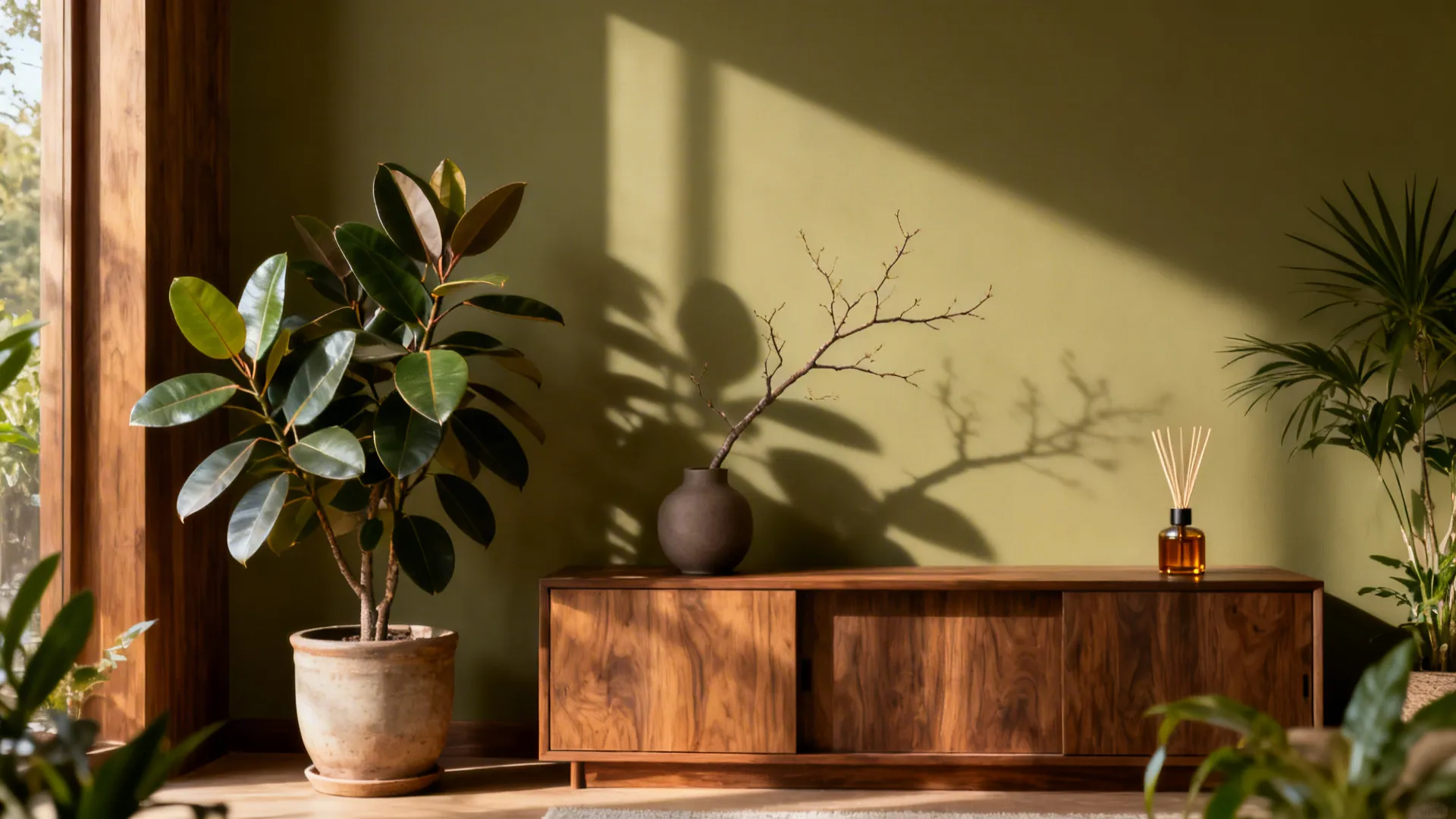 Calm corner with a rubber plant, a branch in a ceramic vase, and a minimal reed diffuser.