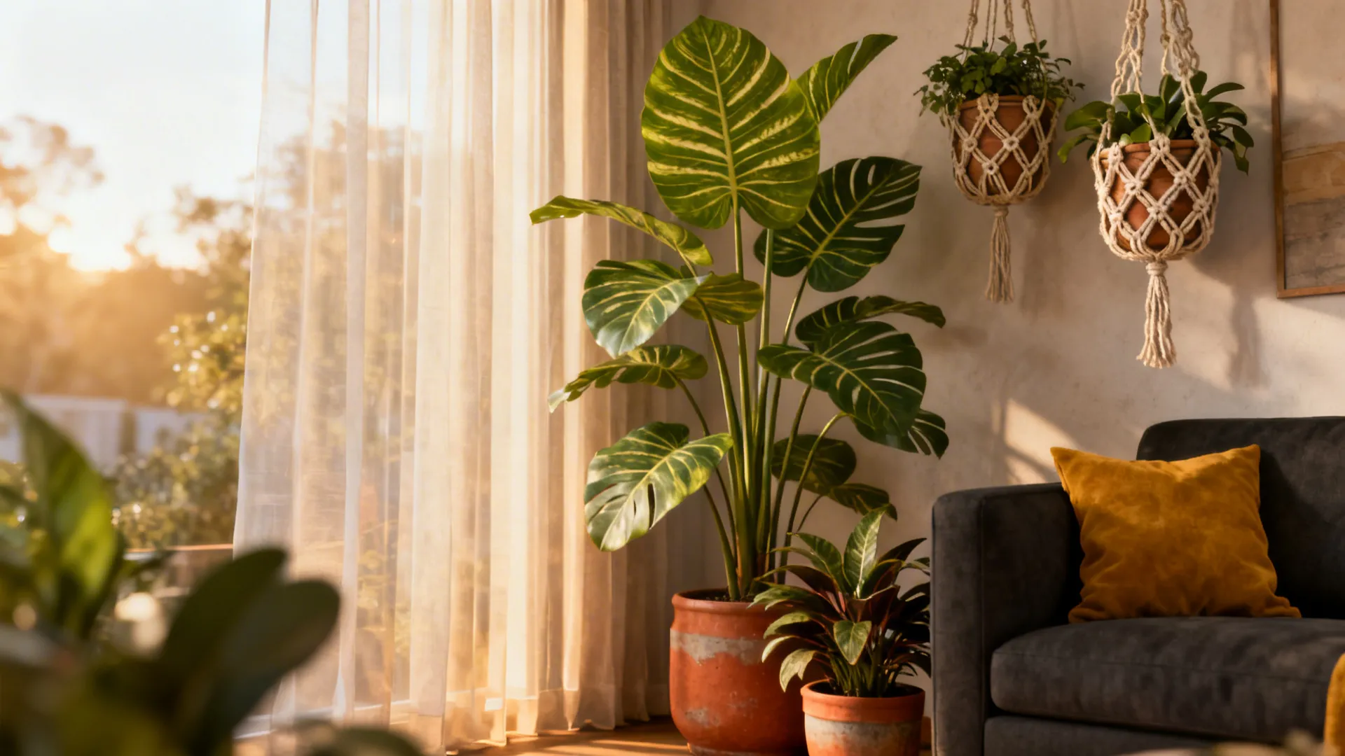 Tall fiddle-leaf and hanging plants softening a dark grey couch in a boho living room.