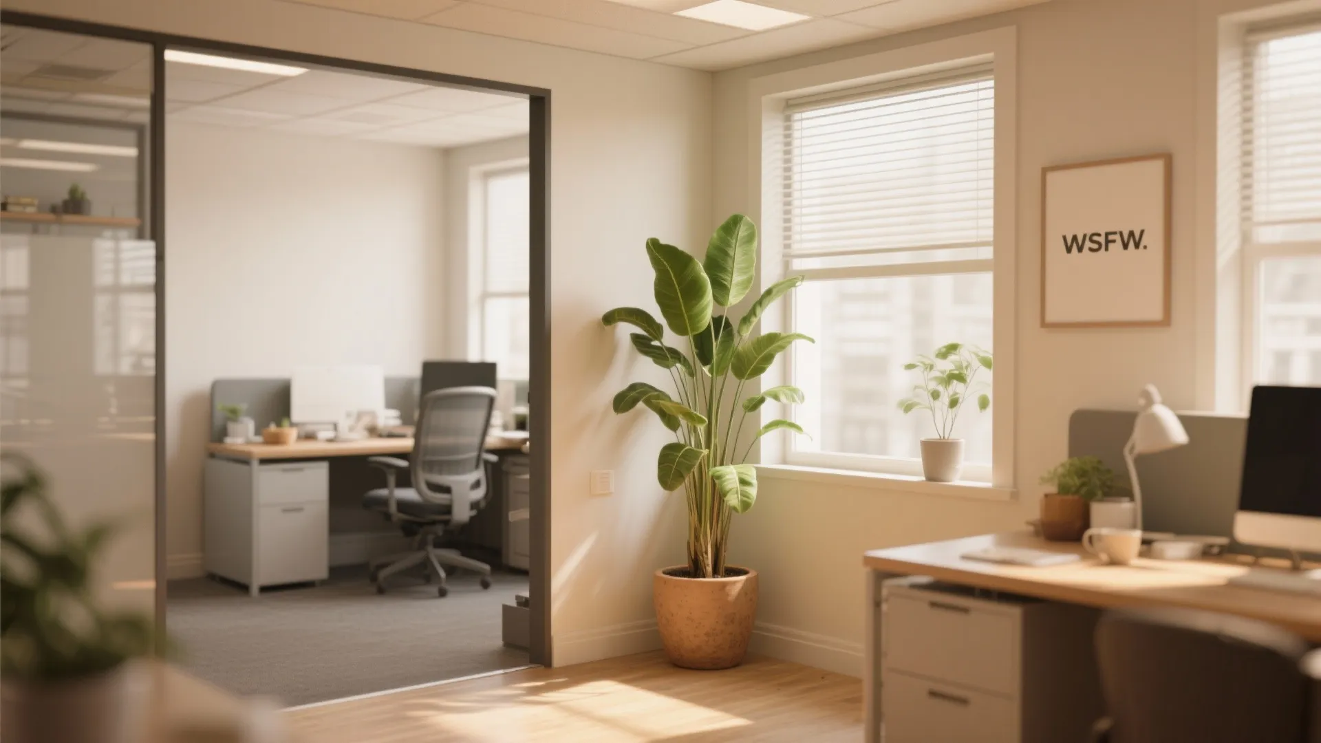 Sunlit modern office interior featuring green indoor plants, wooden desks, and neutral colored office chairs