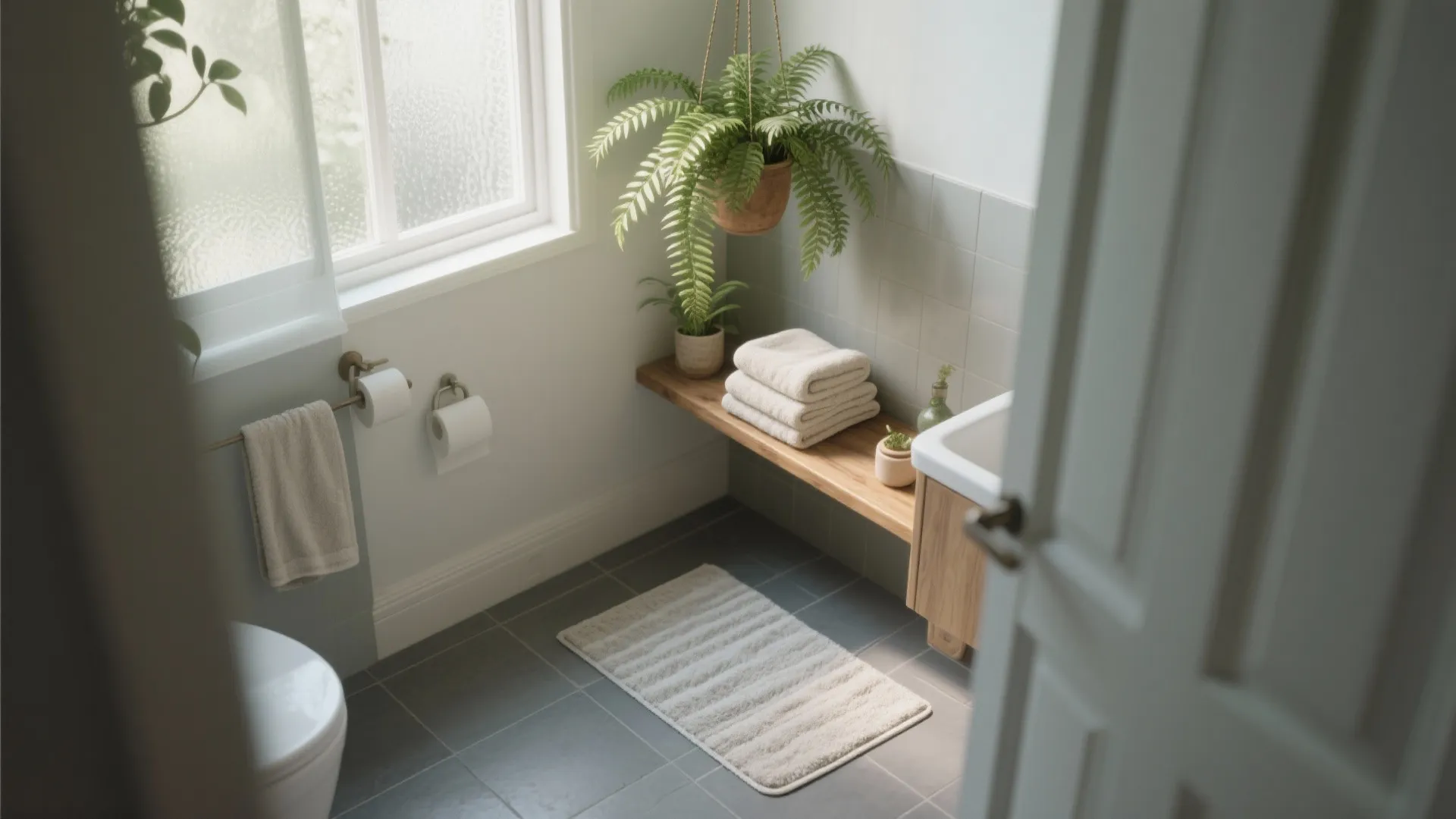 Bathroom corner with hanging fern, potted plant, and plush towels on grey tiles.