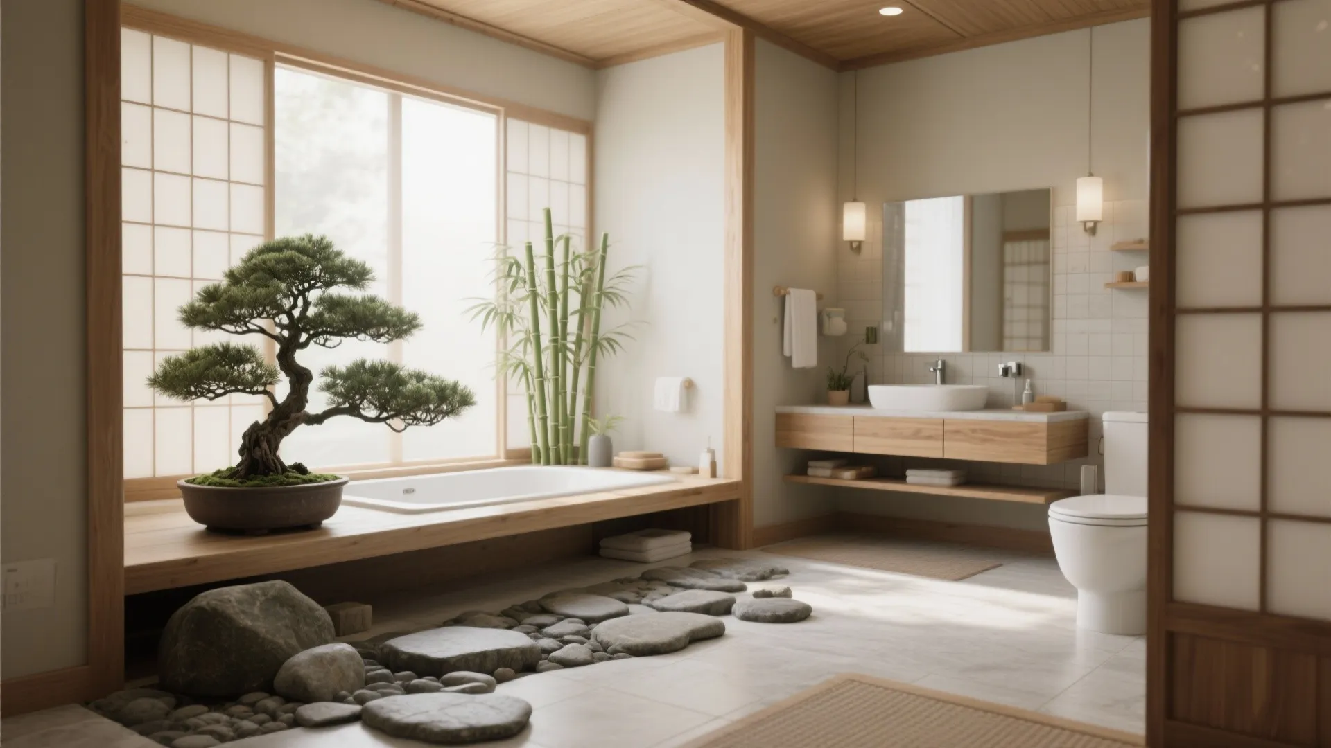Japanese bathroom with bonsai, bamboo, and river stone accents