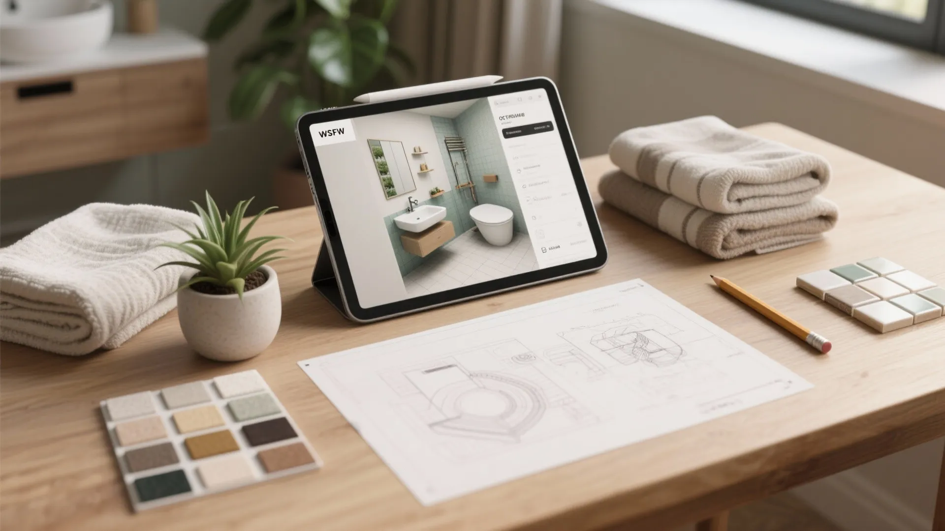 Tablet showing bathroom interior design drawing with floor plan and material color samples on table