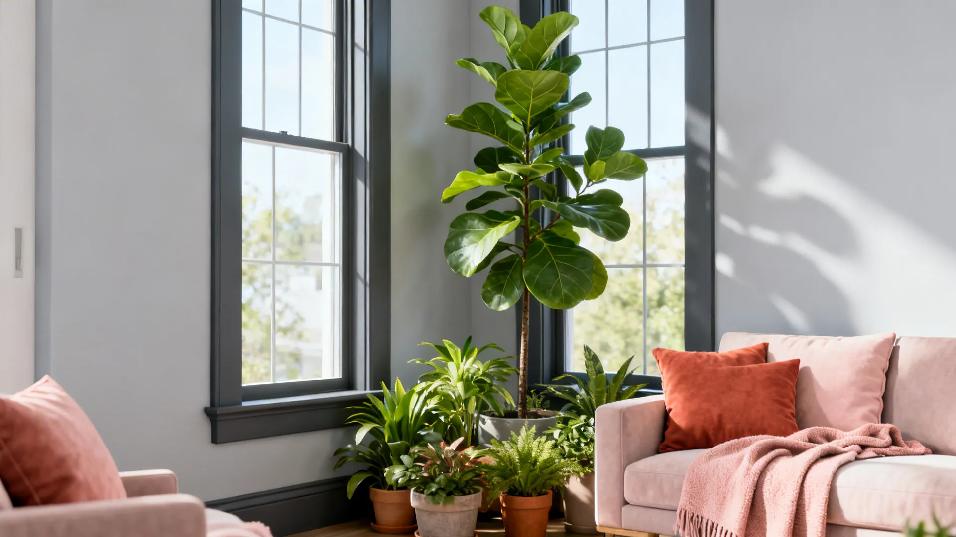 Fiddle-leaf fig and soft textiles bringing life to a room with light grey walls and dark trim