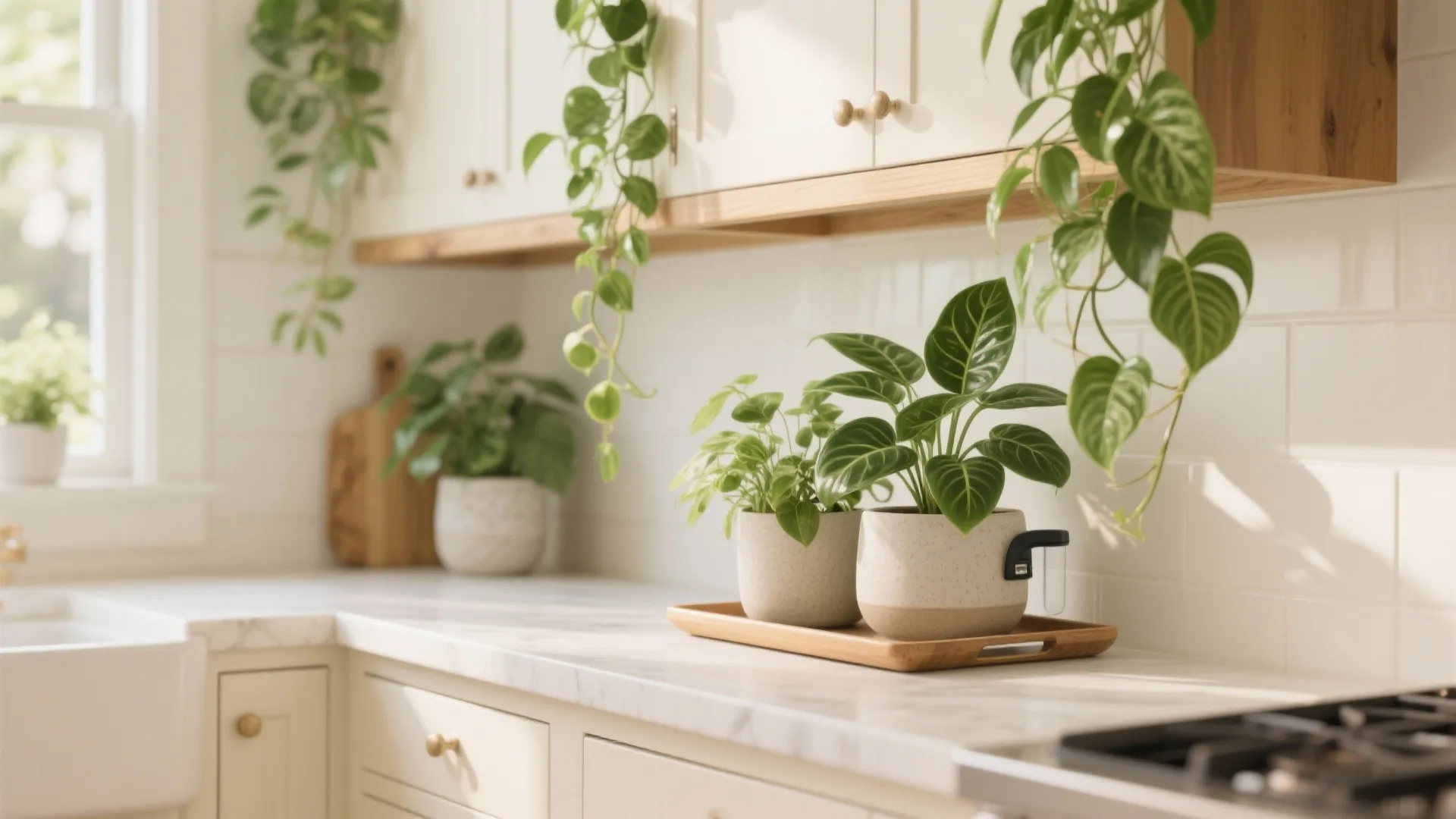 White kitchen marble countertop with green potted plants plus hanging vines under white wooden cabinets