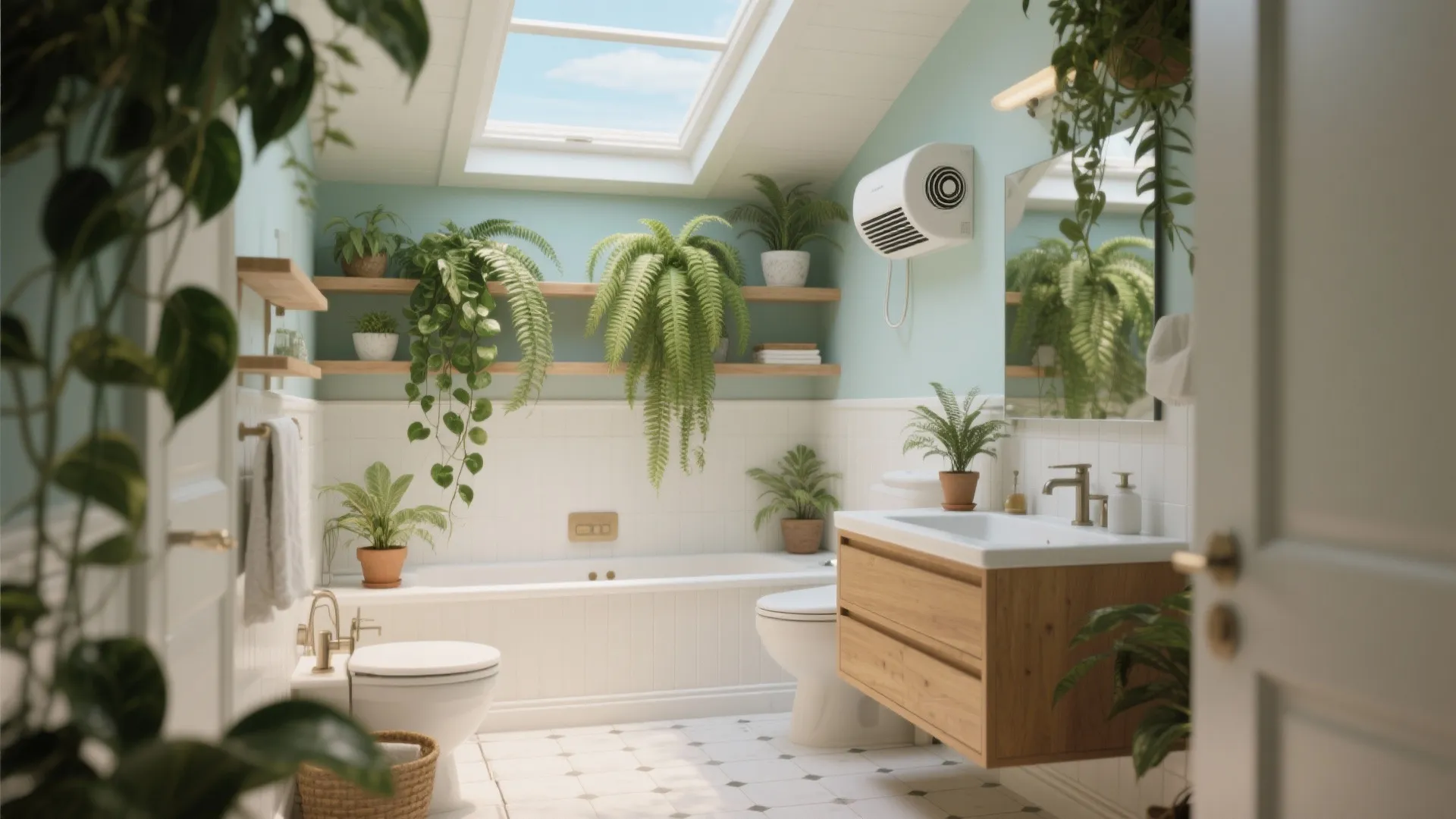 Bright bathroom with green plants roof window wooden cabinet white bathtub toilet and wall fan
