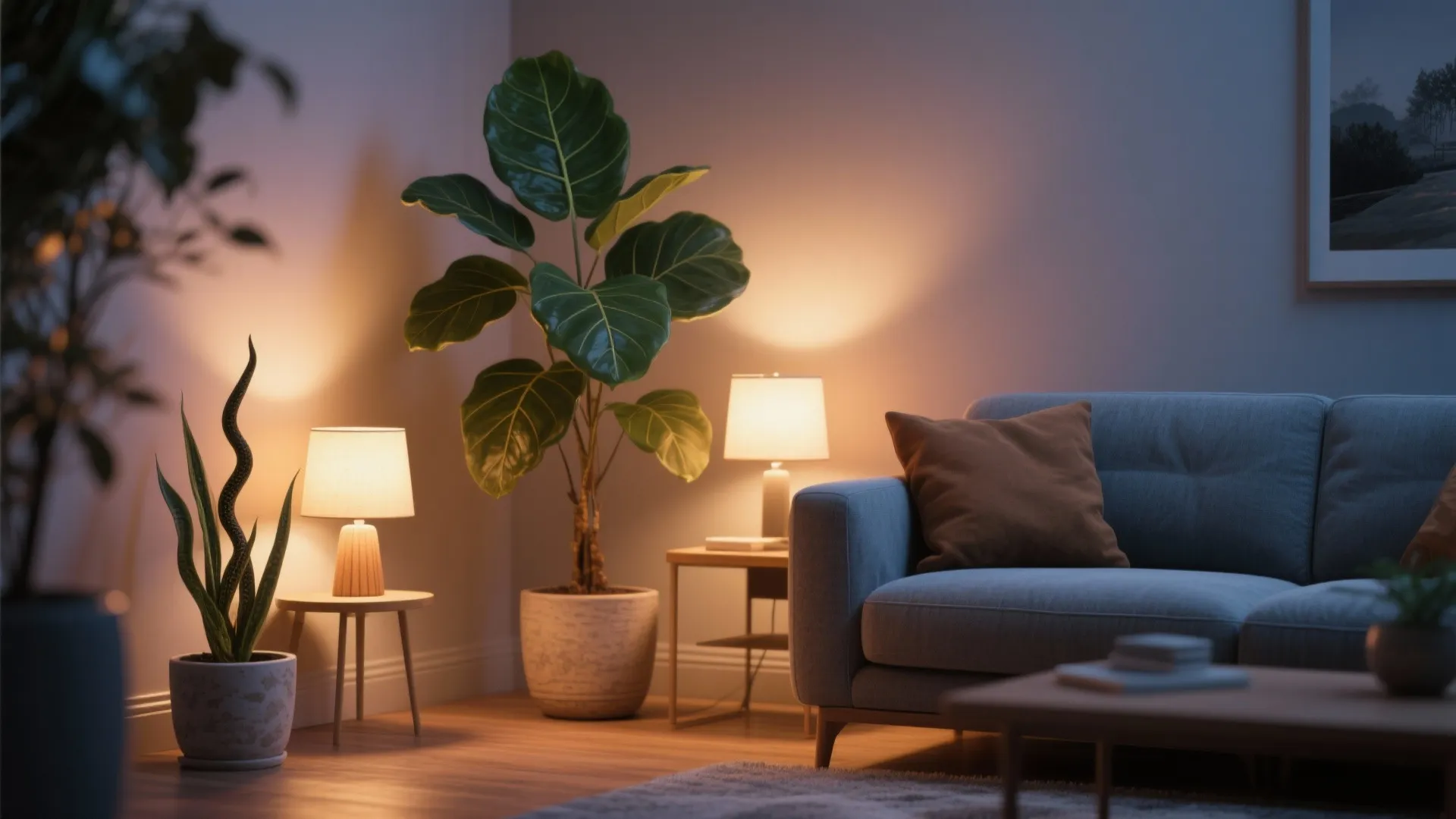 5. Bring life with plants and warm lighting